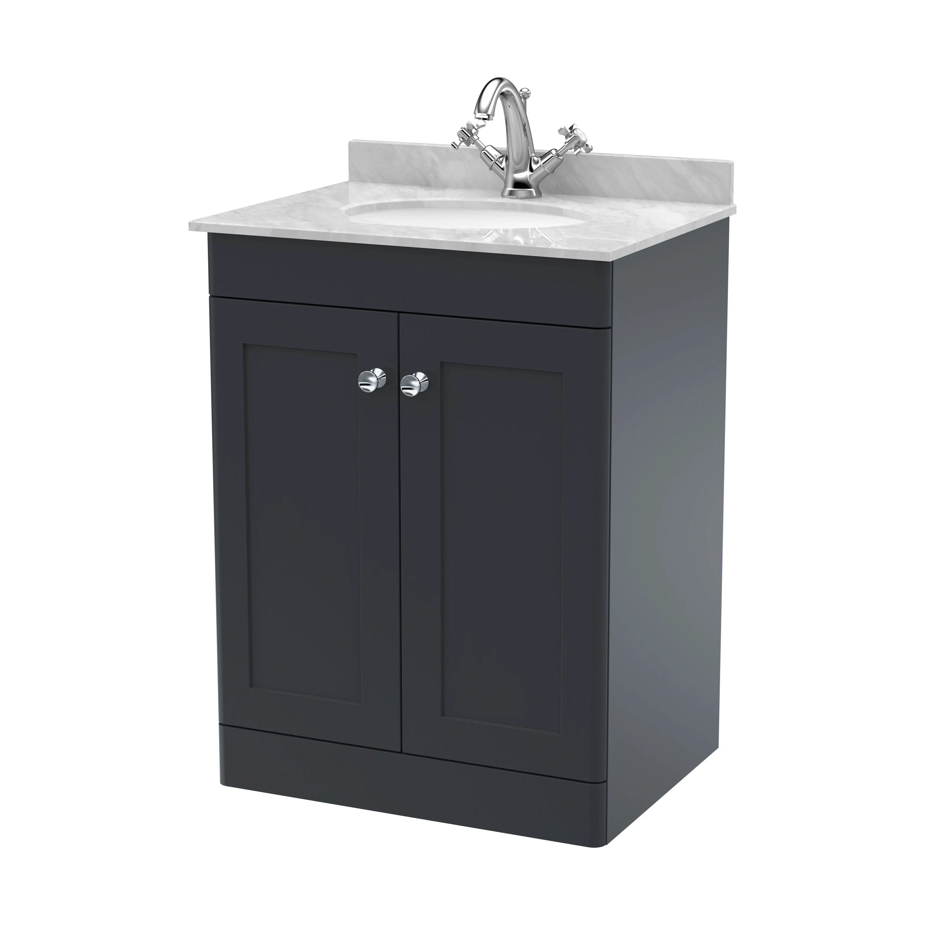 Swynnerton Traditional 2 Door Floor Standing Vanity Unit with Marble Basin, Dark Grey, 600mm