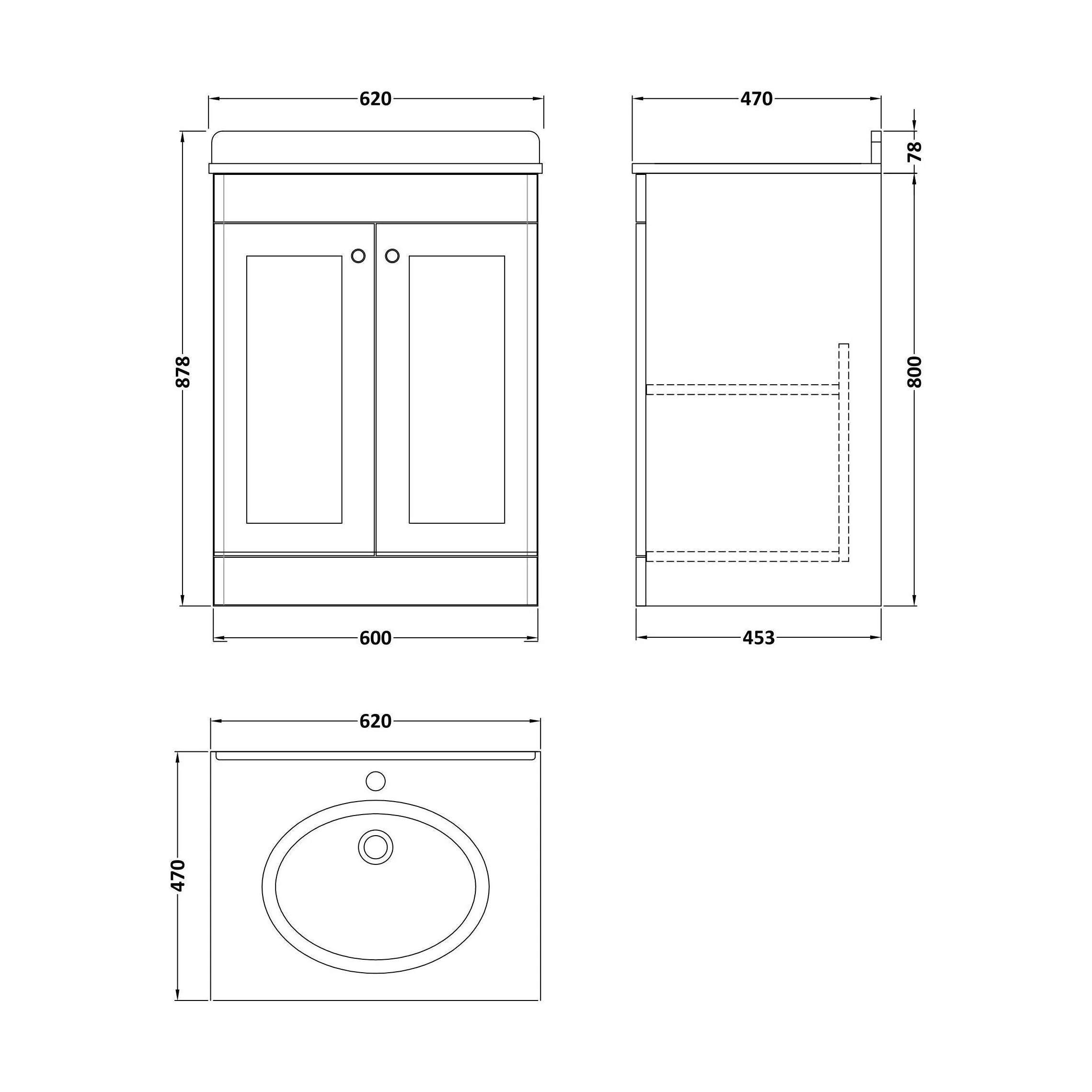 Swynnerton Traditional 2 Door Floor Standing Vanity Unit with Marble Basin, Dark Grey, 600mm - Image 2