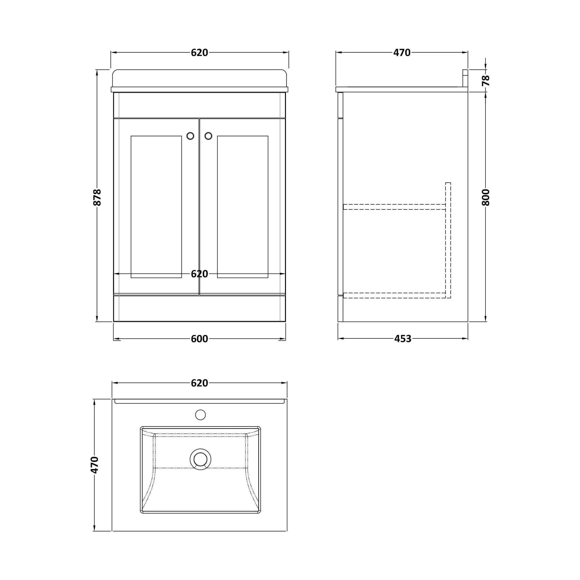 Swynnerton Traditional 2 Door Floor Standing Vanity Unit with Marble Basin, Dark Grey, 600mm - Image 2