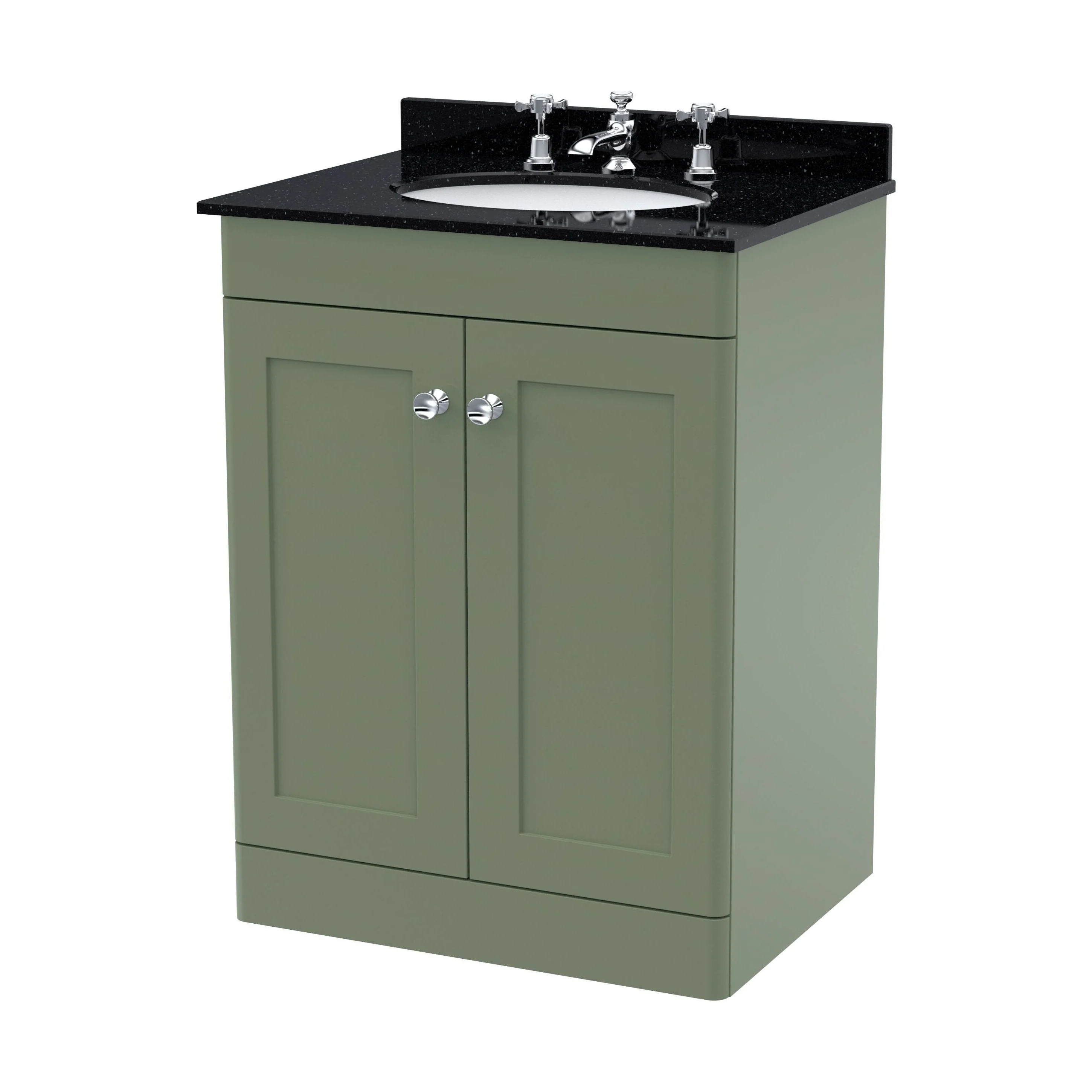 Swynnerton Traditional 2 Door Floor Standing Vanity Unit with Marble Basin, Satin Green, 600mm