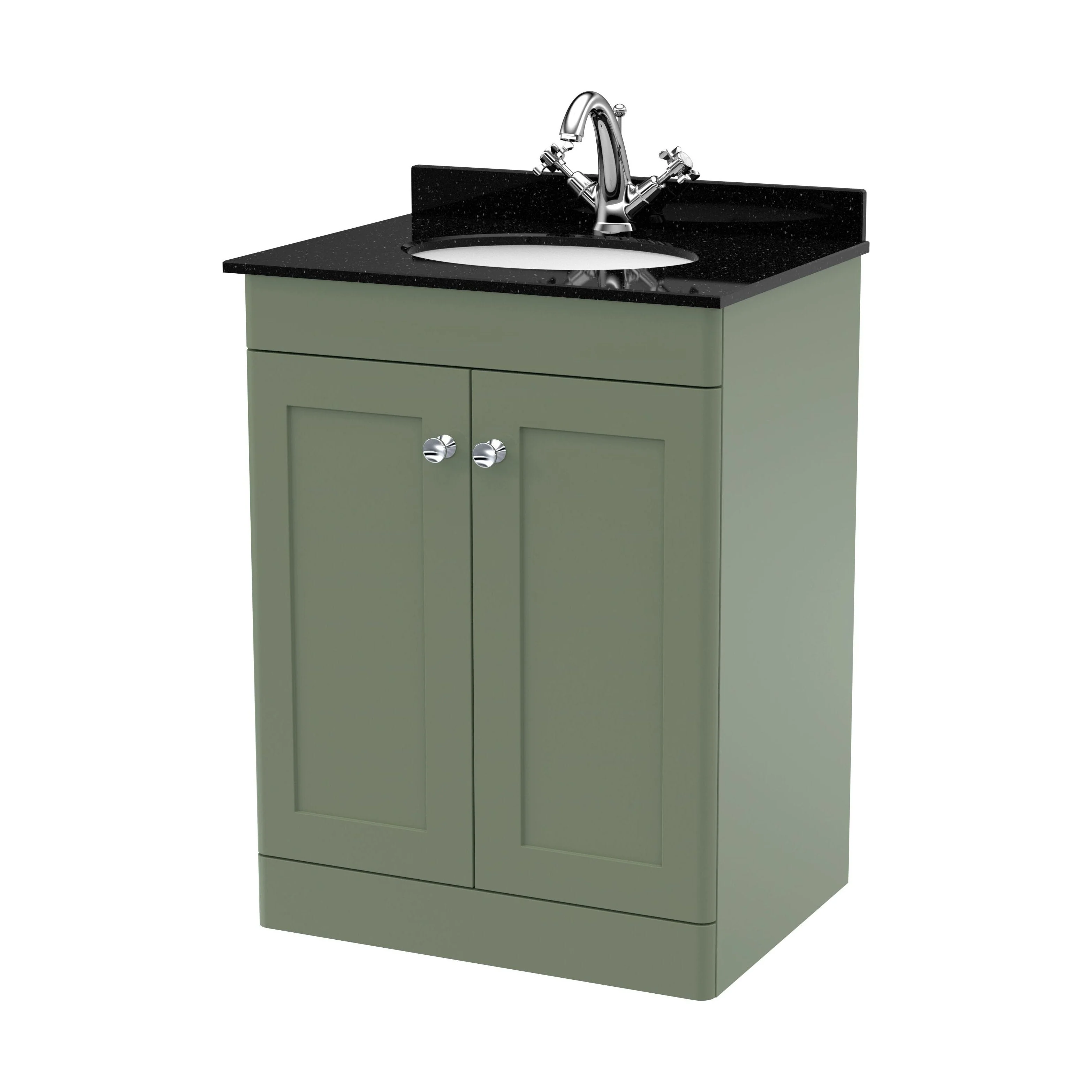 Swynnerton Traditional 2 Door Floor Standing Vanity Unit with Marble Basin, Satin Green, 600mm