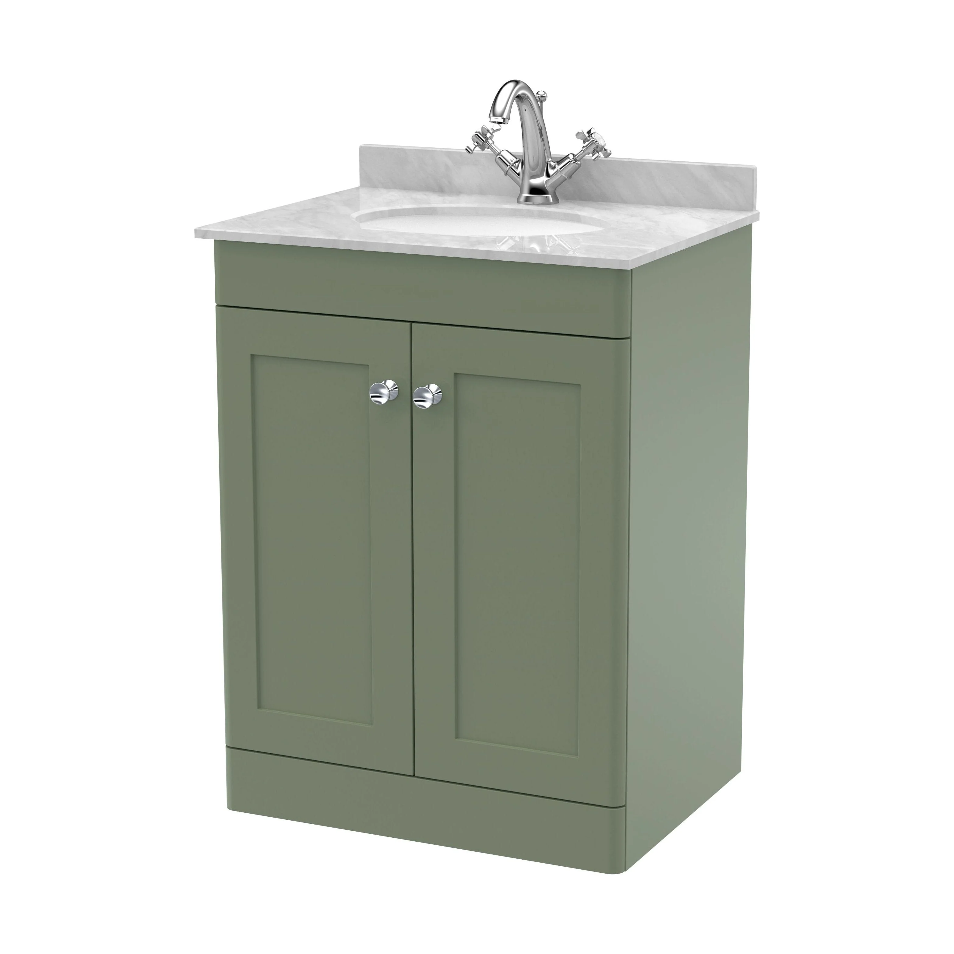 Swynnerton Traditional 2 Door Floor Standing Vanity Unit with Marble Basin, Satin Green, 600mm