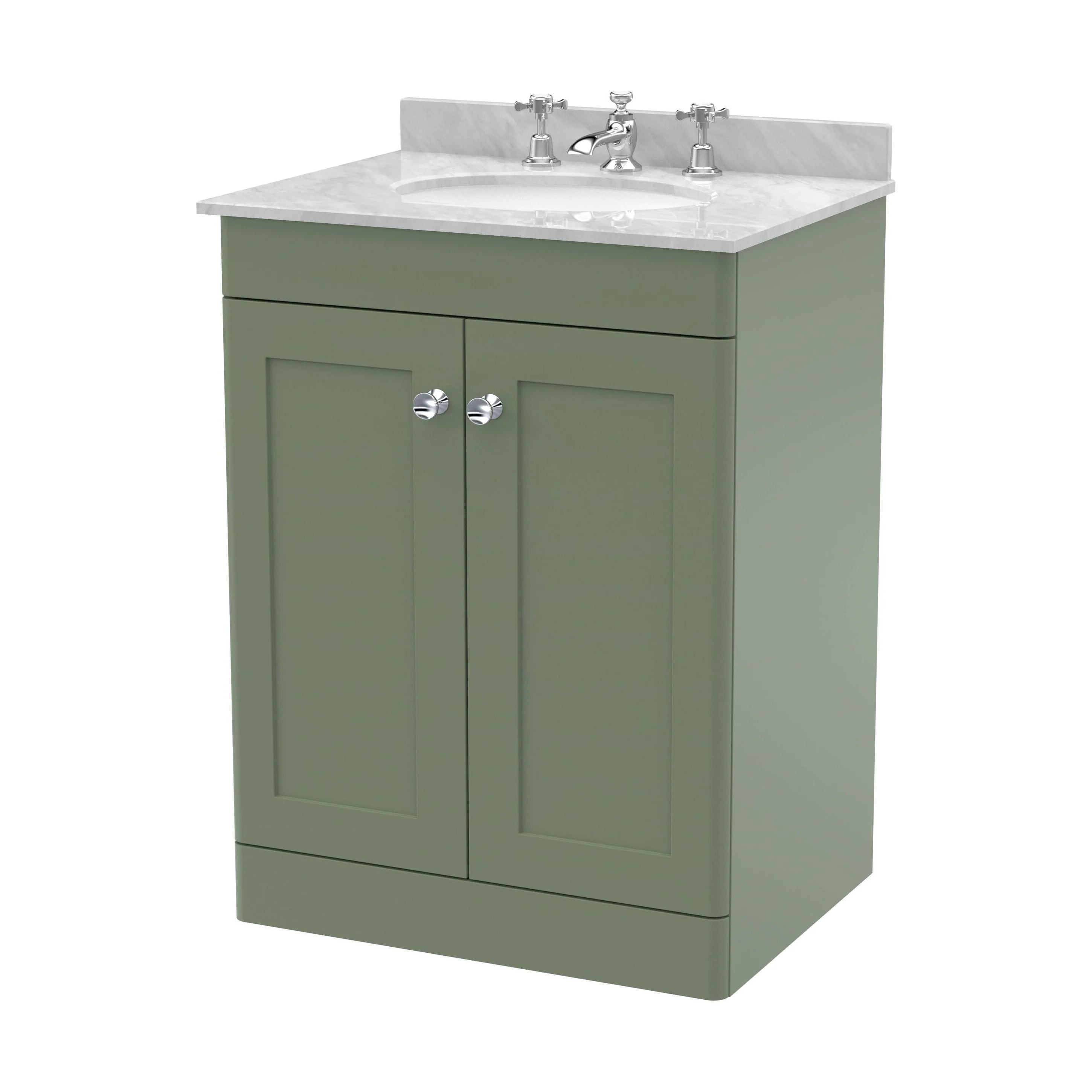 Swynnerton Traditional 2 Door Floor Standing Vanity Unit with Marble Basin, Satin Green, 600mm
