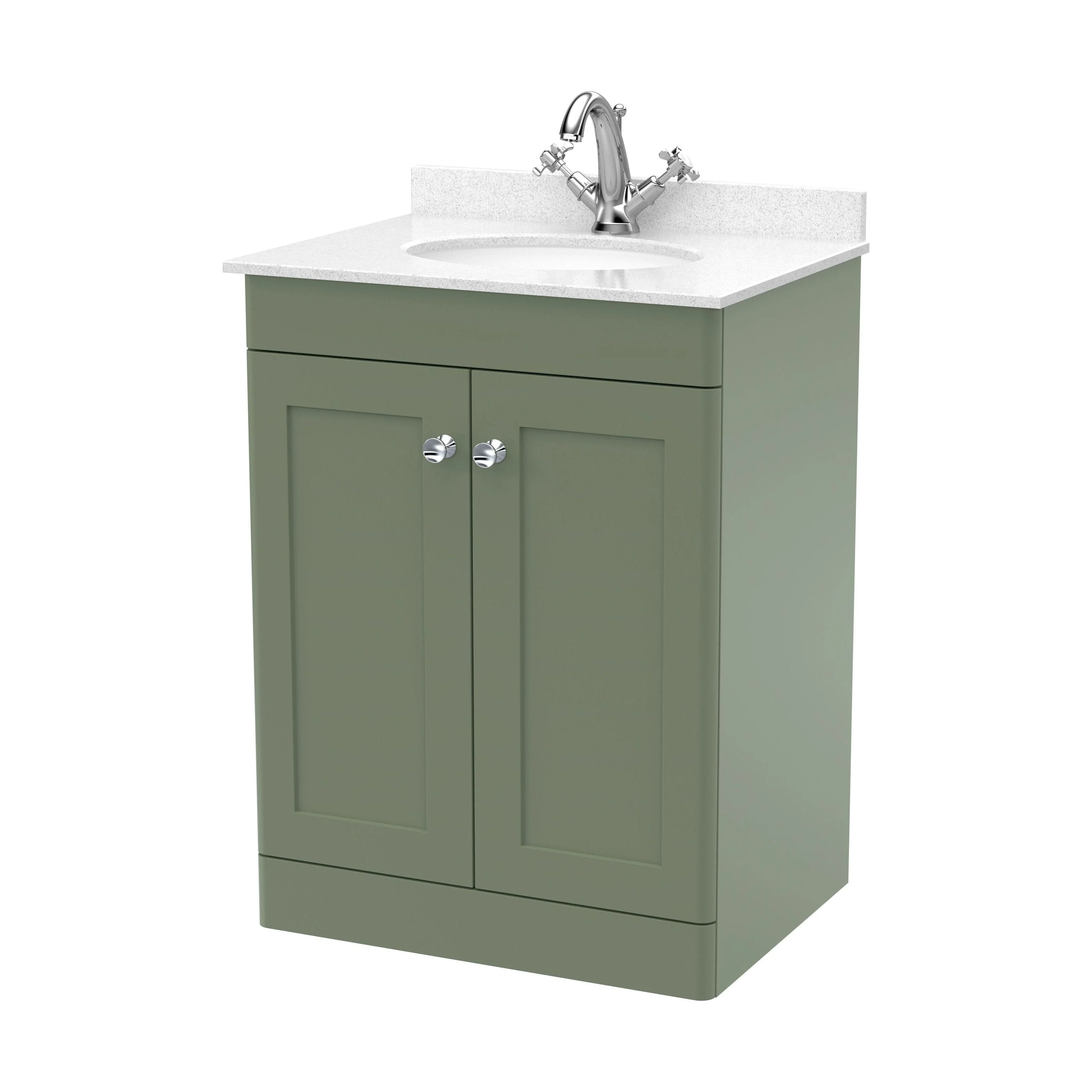 Swynnerton Traditional 2 Door Floor Standing Vanity Unit with Marble Basin, Satin Green, 600mm