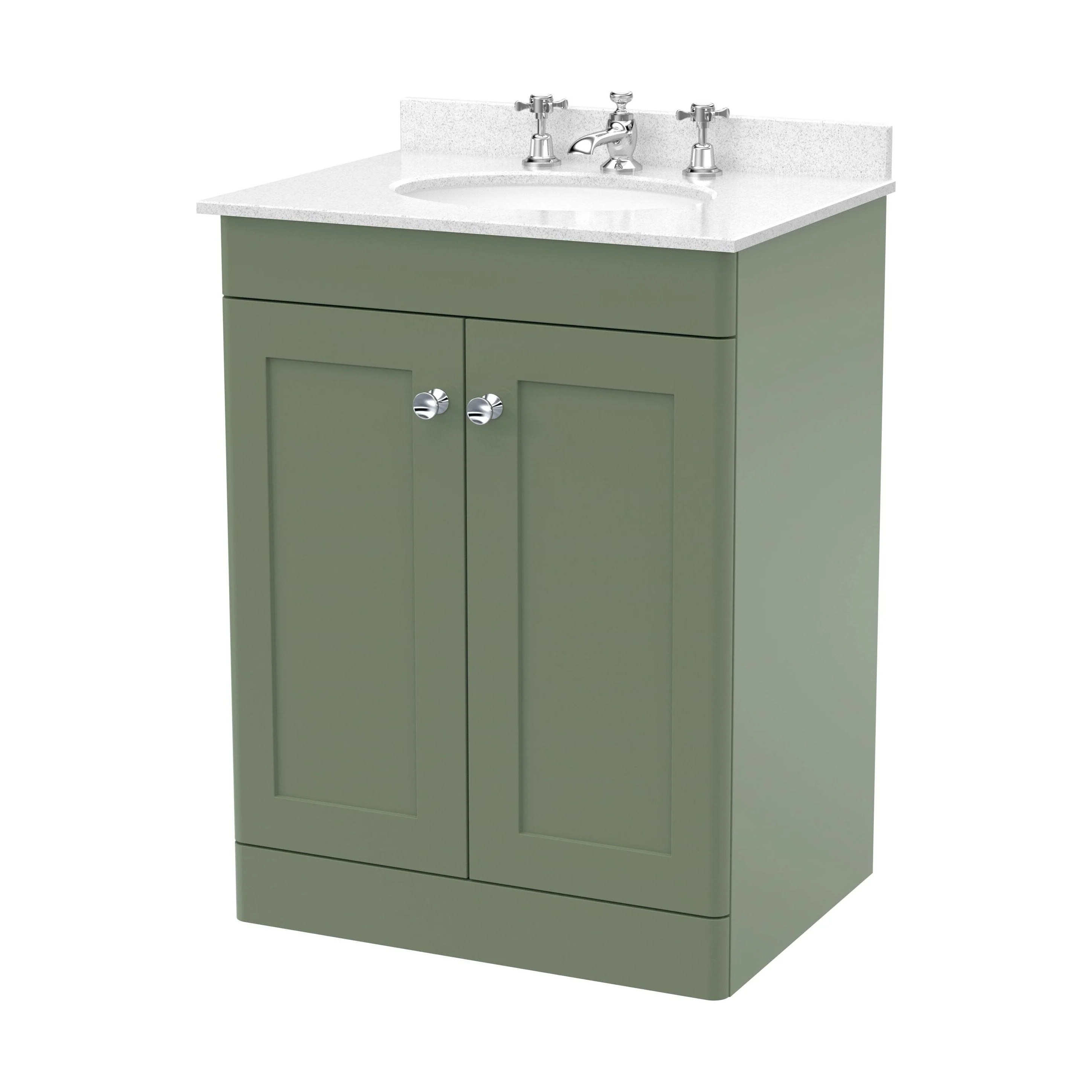 Swynnerton Traditional 2 Door Floor Standing Vanity Unit with Marble Basin, Satin Green, 600mm