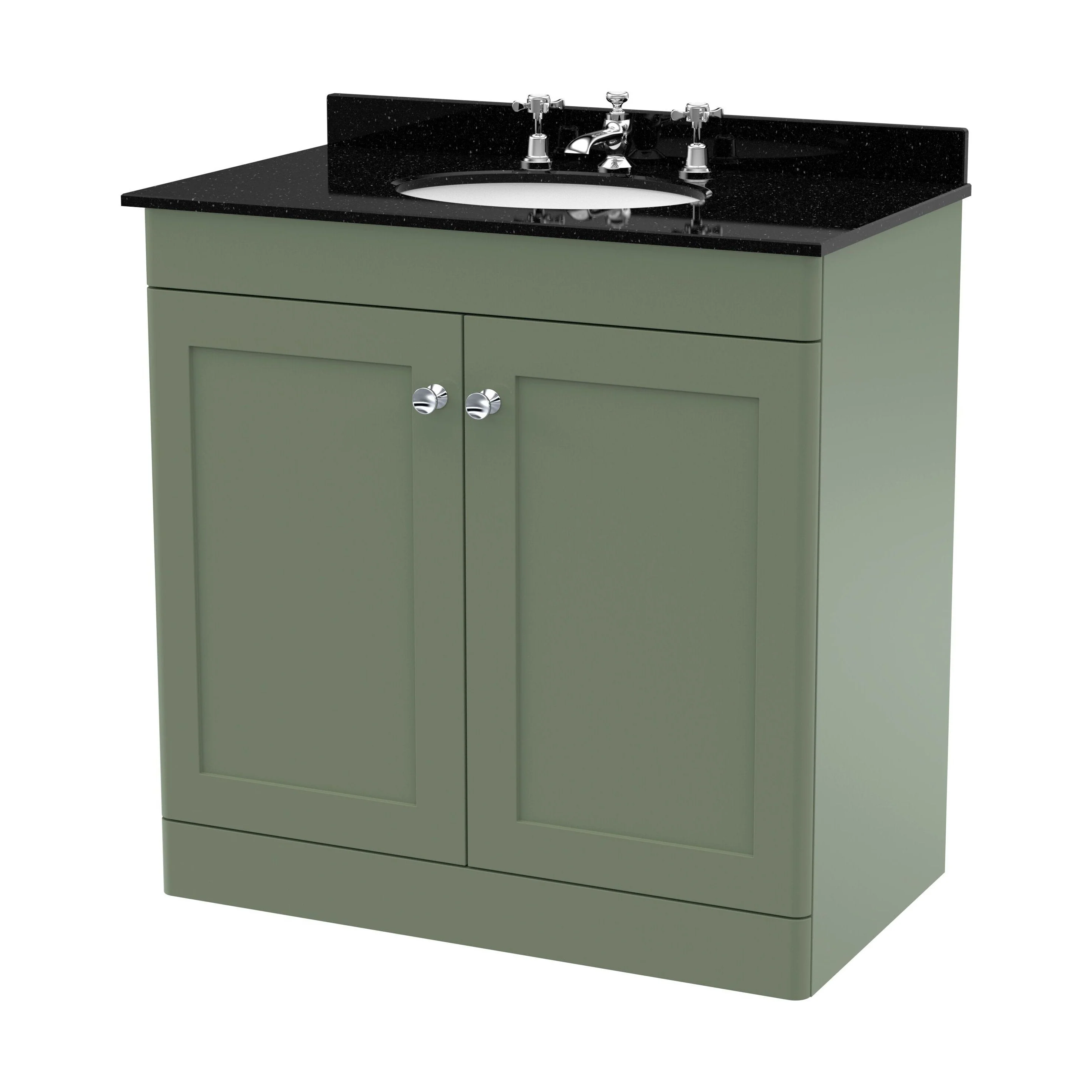 Swynnerton Traditional 2 Door Floor Standing Vanity Unit with Marble Basin, Satin Green, 800mm