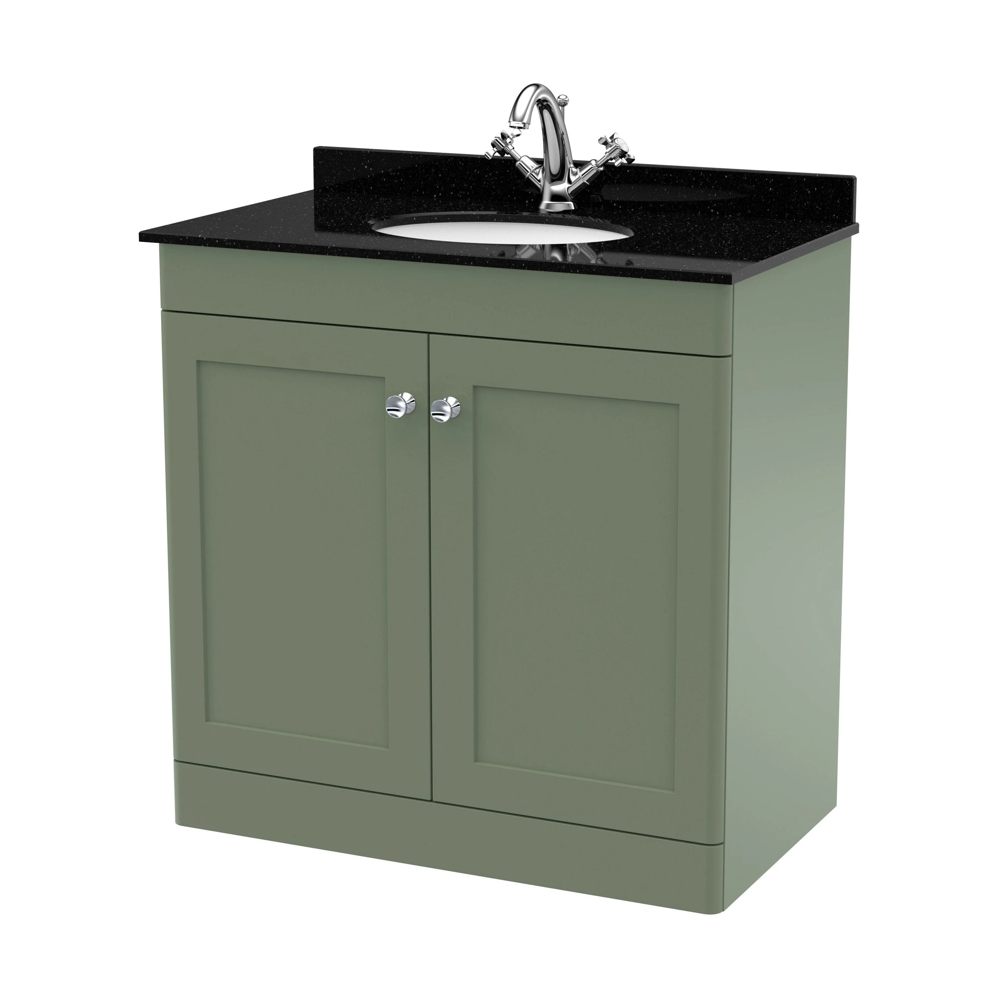 Swynnerton Traditional 2 Door Floor Standing Vanity Unit with Marble Basin, Satin Green, 800mm