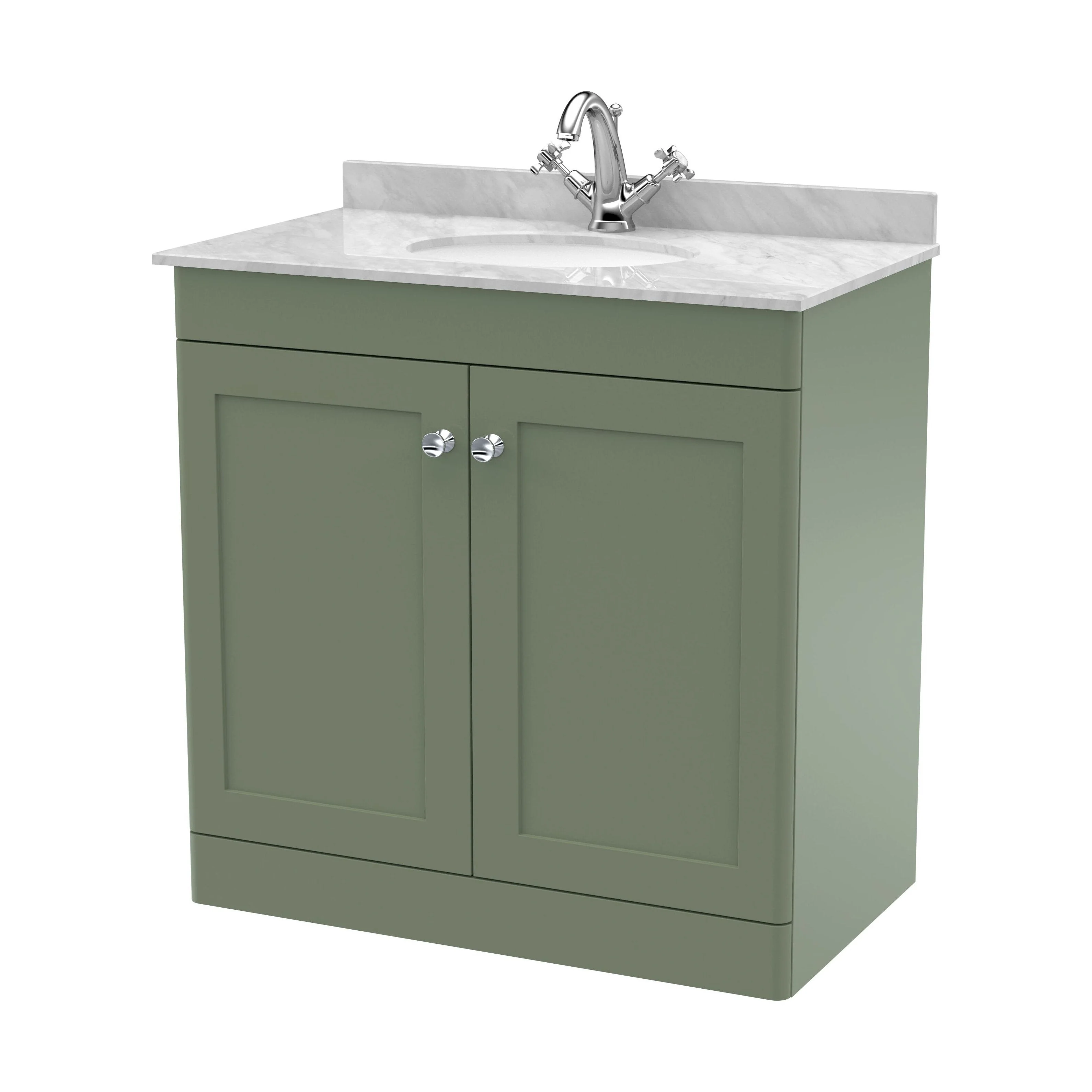 Swynnerton Traditional 2 Door Floor Standing Vanity Unit with Marble Basin, Satin Green, 800mm
