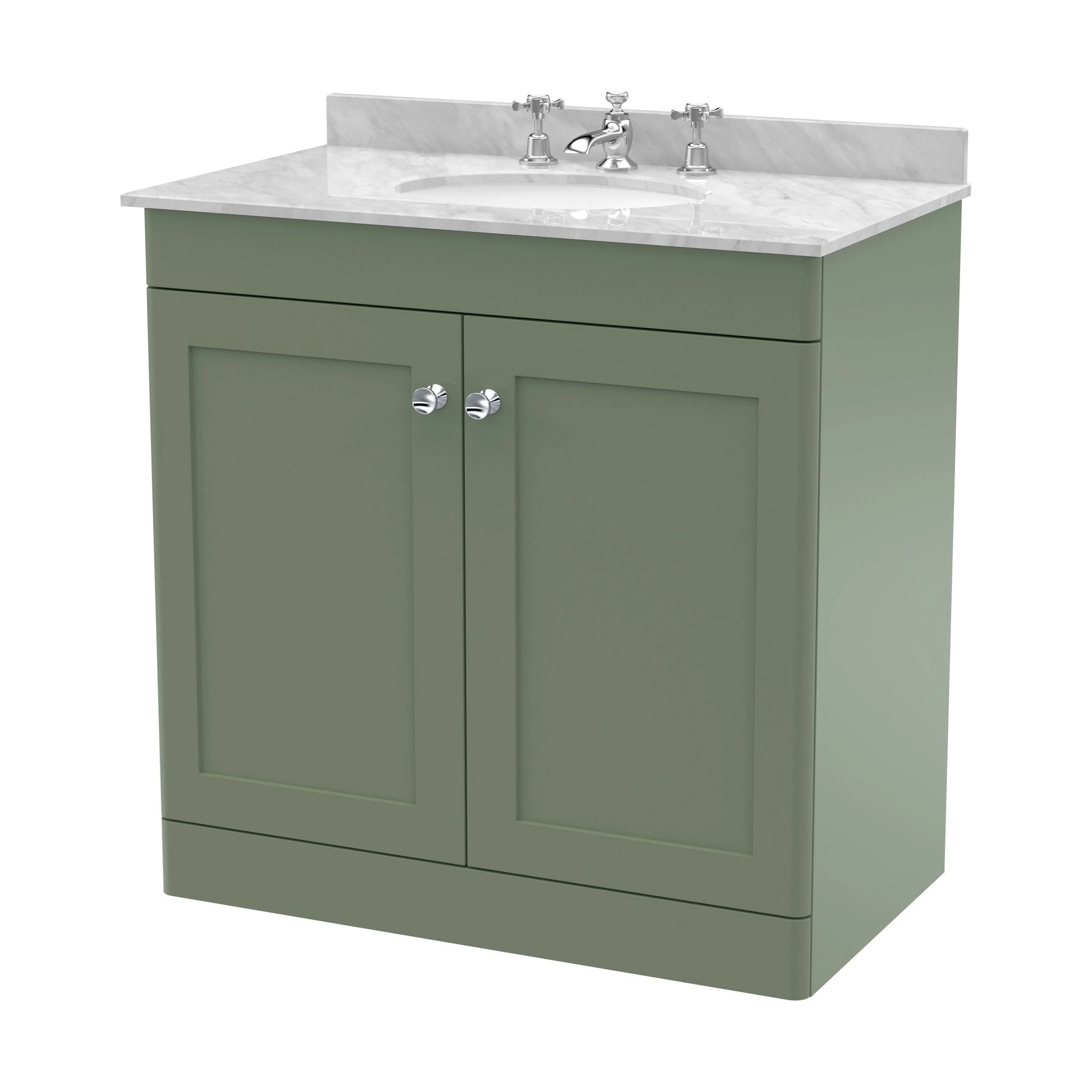 Swynnerton Traditional 2 Door Floor Standing Vanity Unit with Marble Basin, Satin Green, 800mm