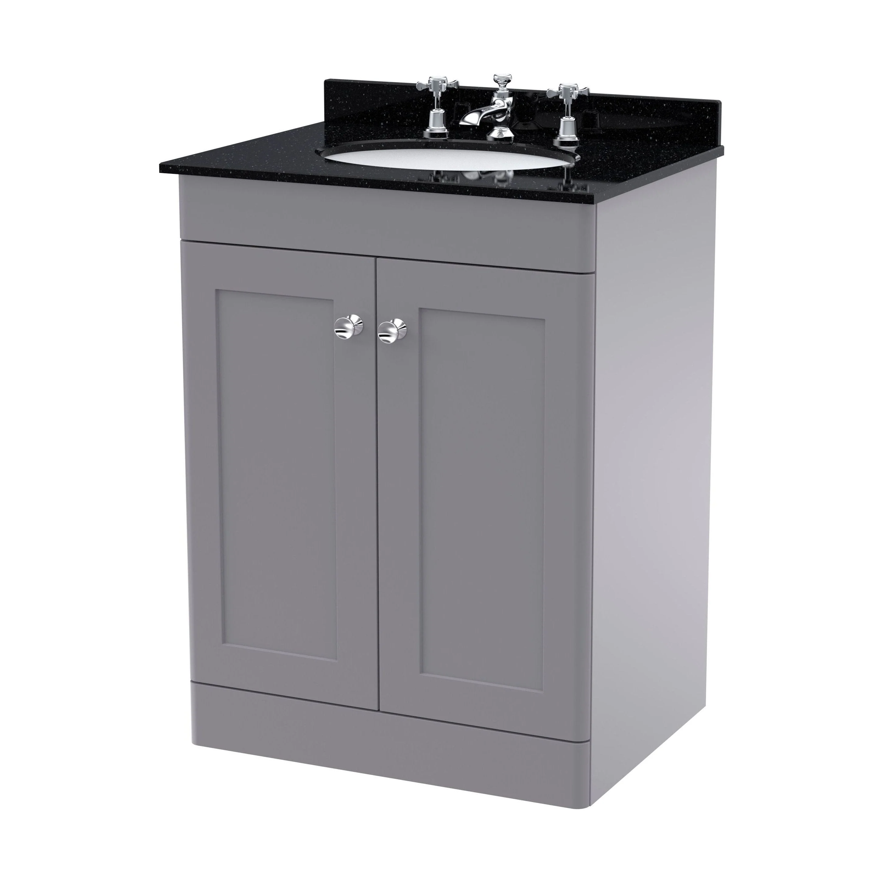 Swynnerton Traditional 2 Door Floor Standing Vanity Unit with Marble Basin, Satin Grey, 600mm