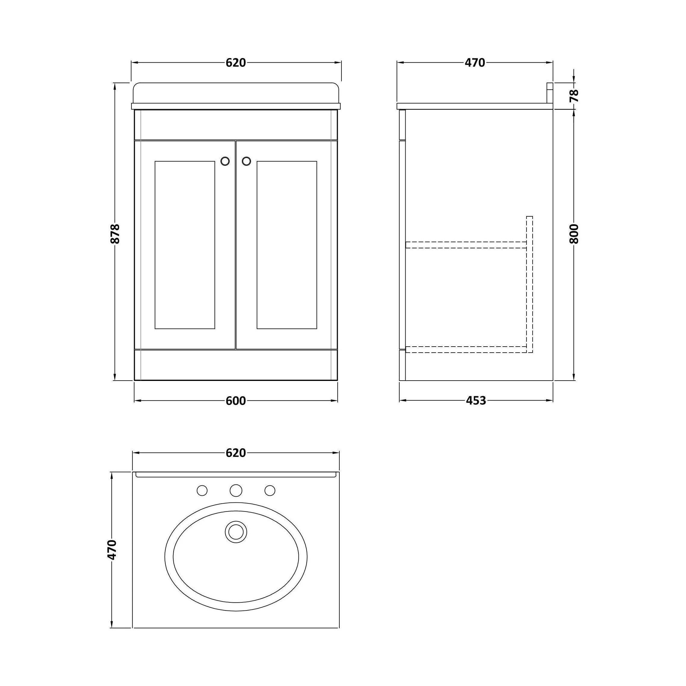 Swynnerton Traditional 2 Door Floor Standing Vanity Unit with Marble Basin, Satin Grey, 600mm - Image 2