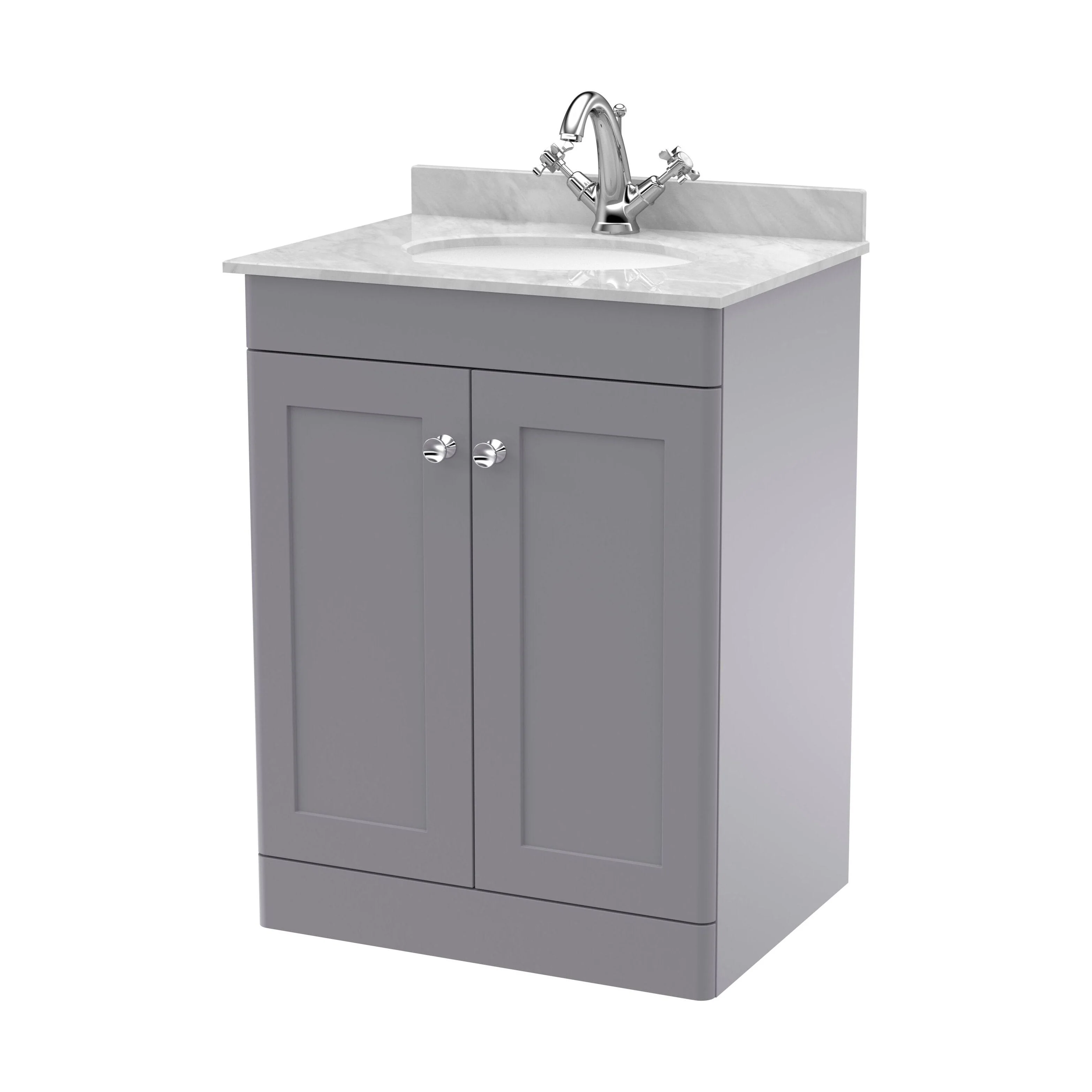 Swynnerton Traditional 2 Door Floor Standing Vanity Unit with Marble Basin, Satin Grey, 600mm