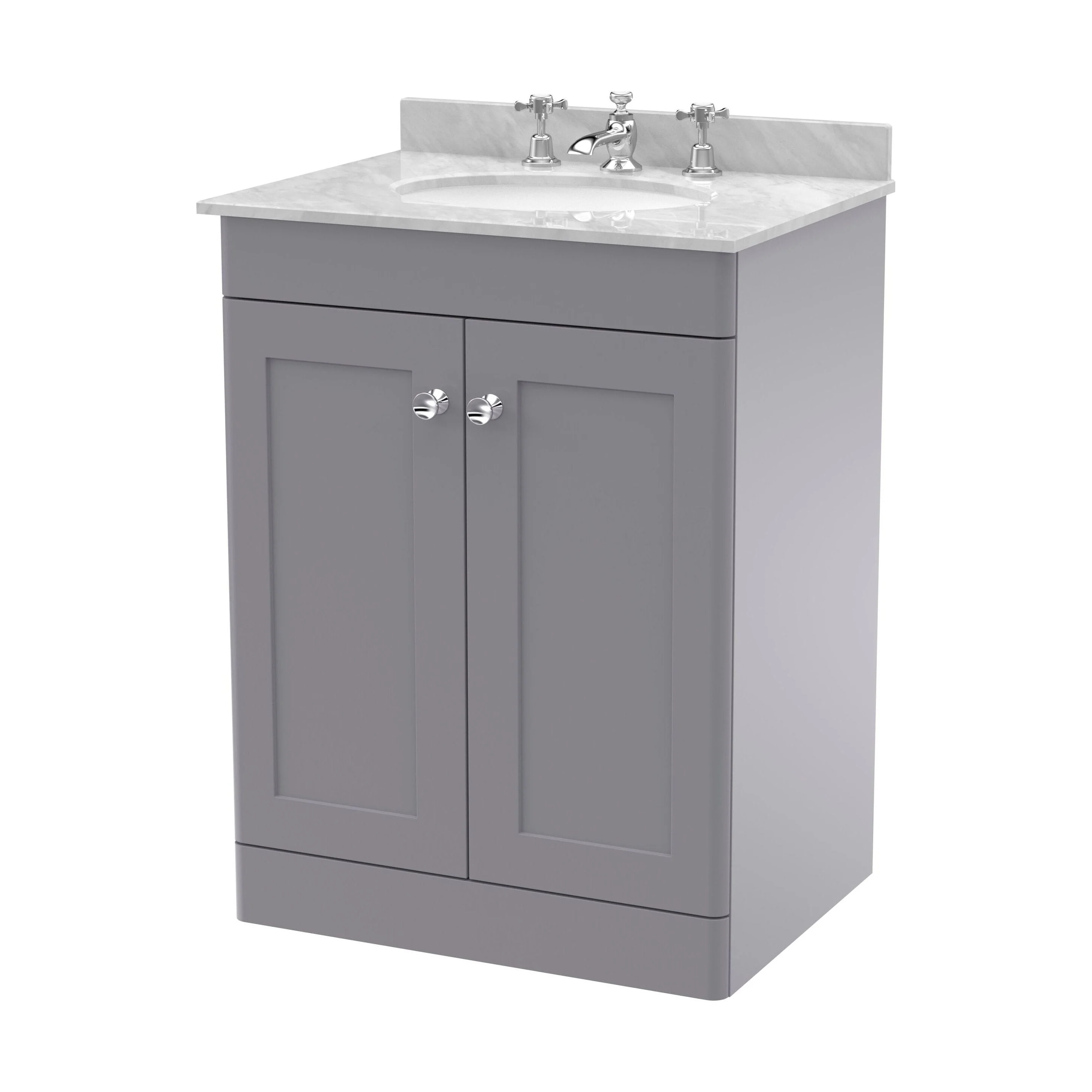 Swynnerton Traditional 2 Door Floor Standing Vanity Unit with Marble Basin, Satin Grey, 600mm