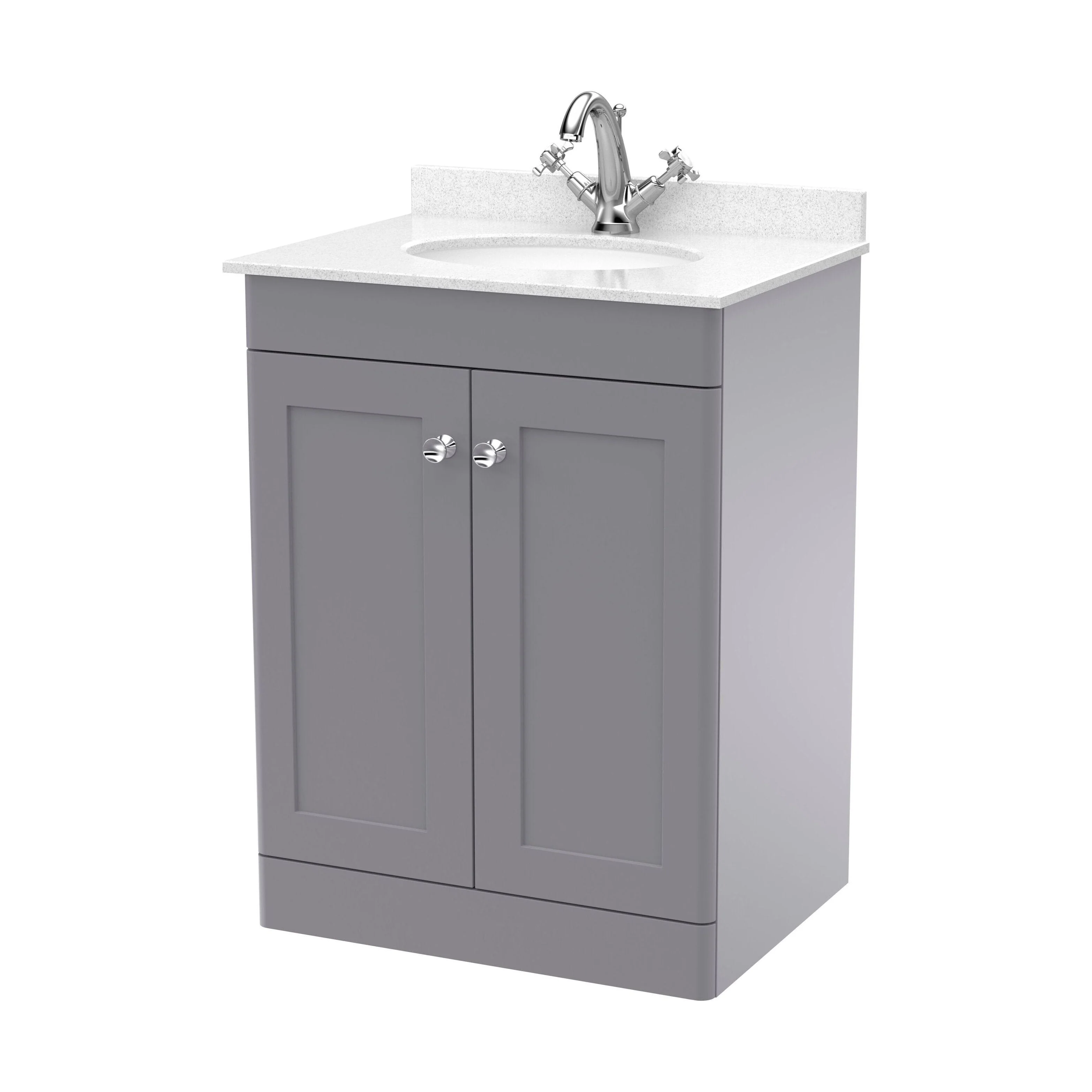 Swynnerton Traditional 2 Door Floor Standing Vanity Unit with Marble Basin, Satin Grey, 600mm