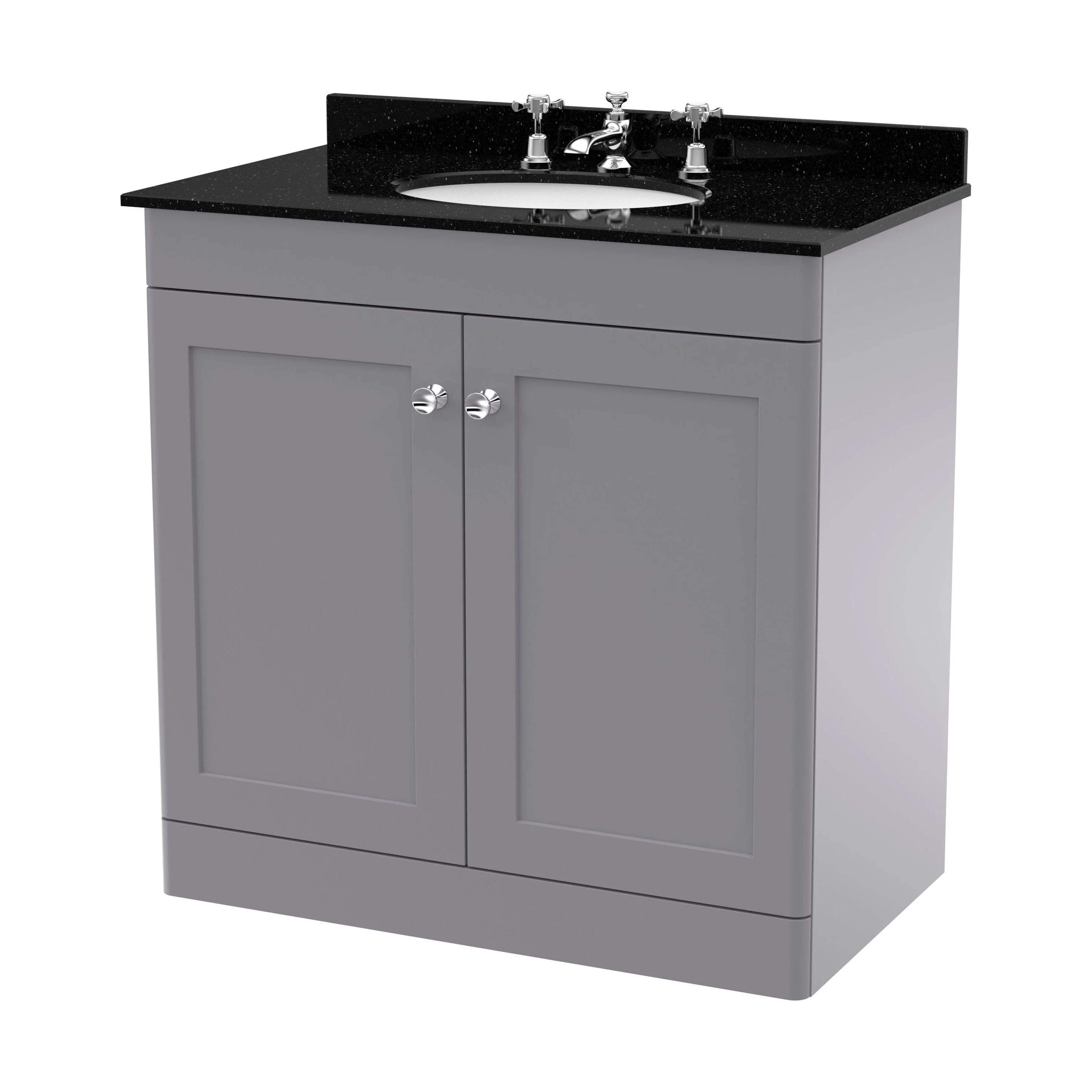 Swynnerton Traditional 2 Door Floor Standing Vanity Unit with Marble Basin, Satin Grey, 800mm