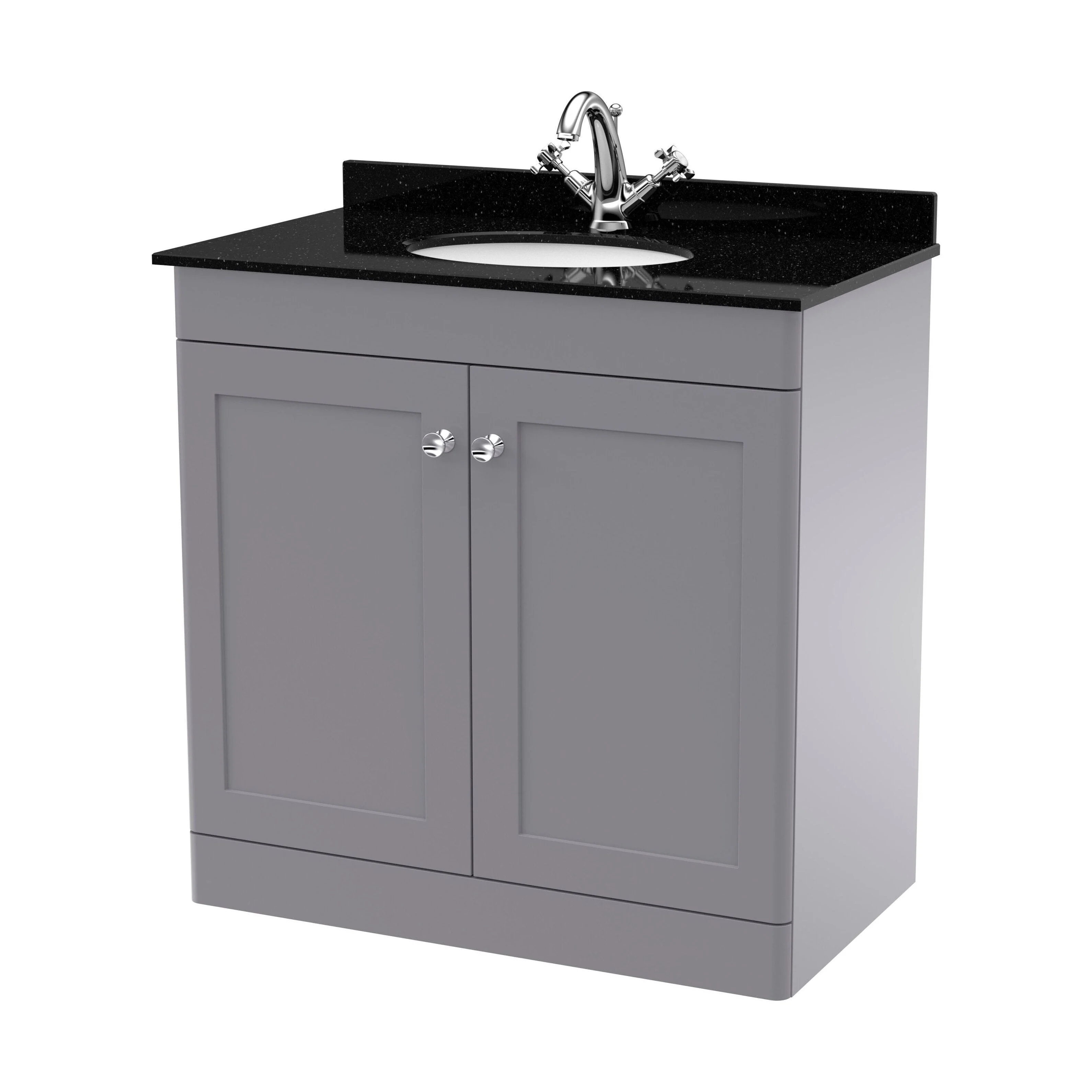 Swynnerton Traditional 2 Door Floor Standing Vanity Unit with Marble Basin, Satin Grey, 800mm