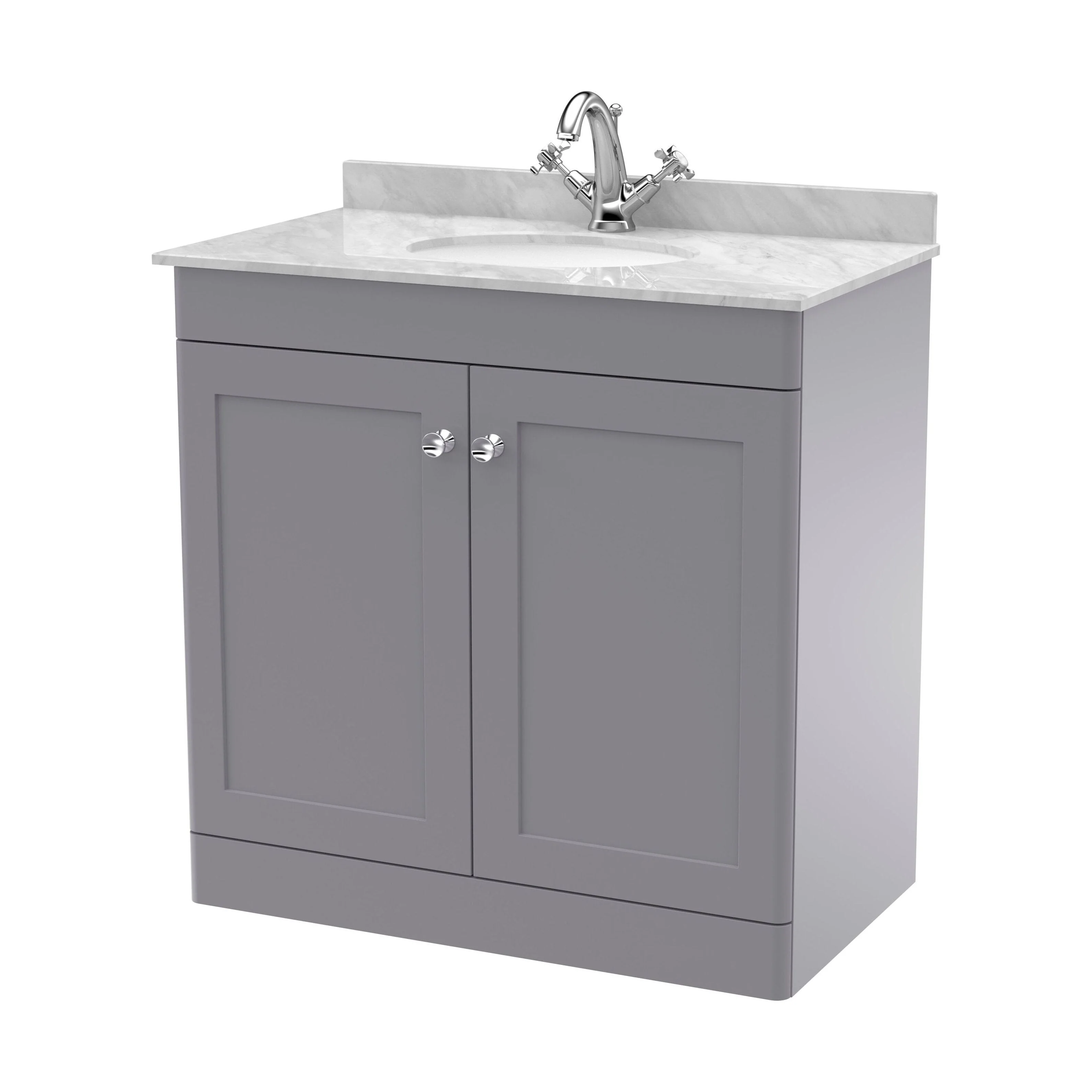 Swynnerton Traditional 2 Door Floor Standing Vanity Unit with Marble Basin, Satin Grey, 800mm