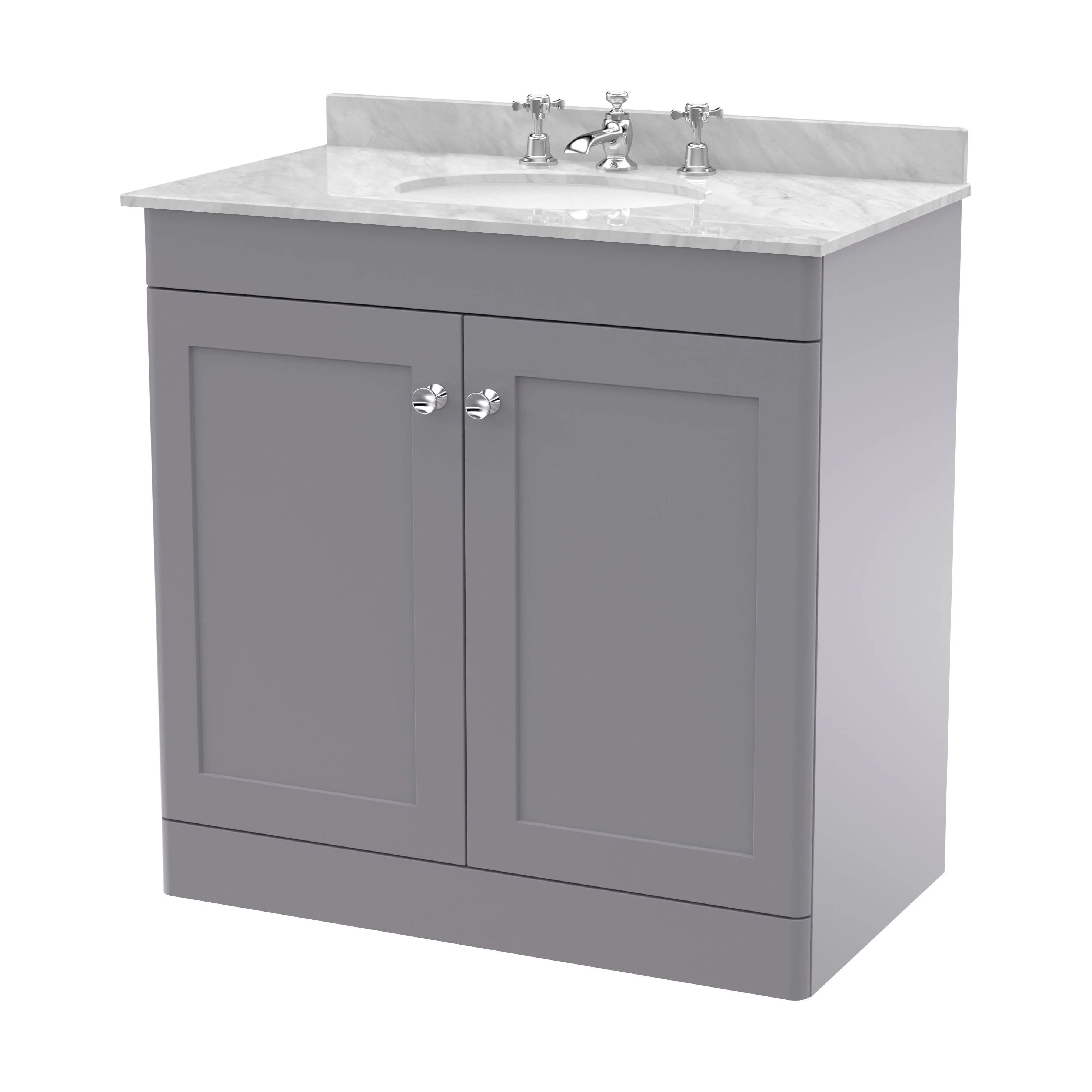 Swynnerton Traditional 2 Door Floor Standing Vanity Unit with Marble Basin, Satin Grey, 800mm