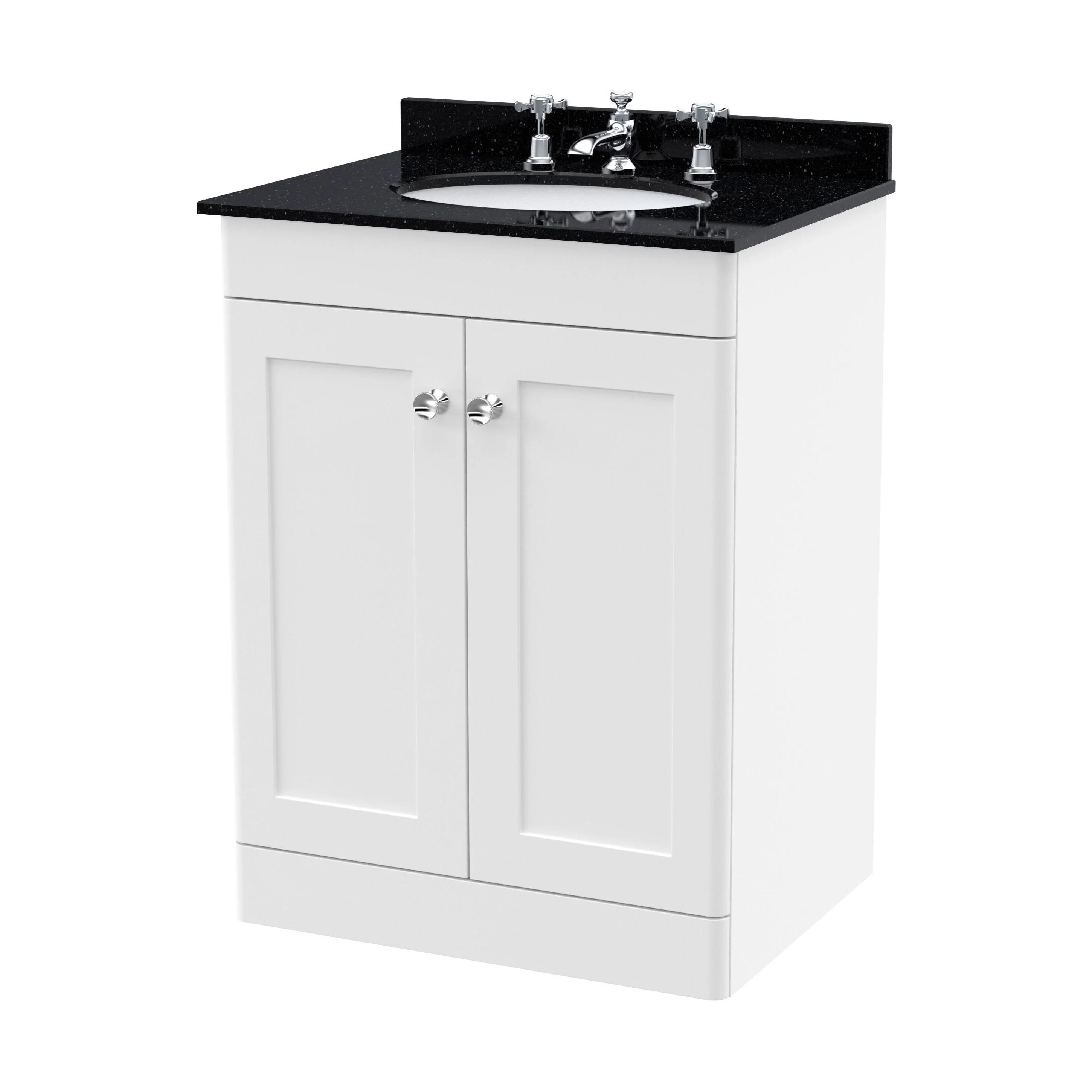 Swynnerton Traditional 2 Door Floor Standing Vanity Unit with Marble Basin, Satin White, 600mm