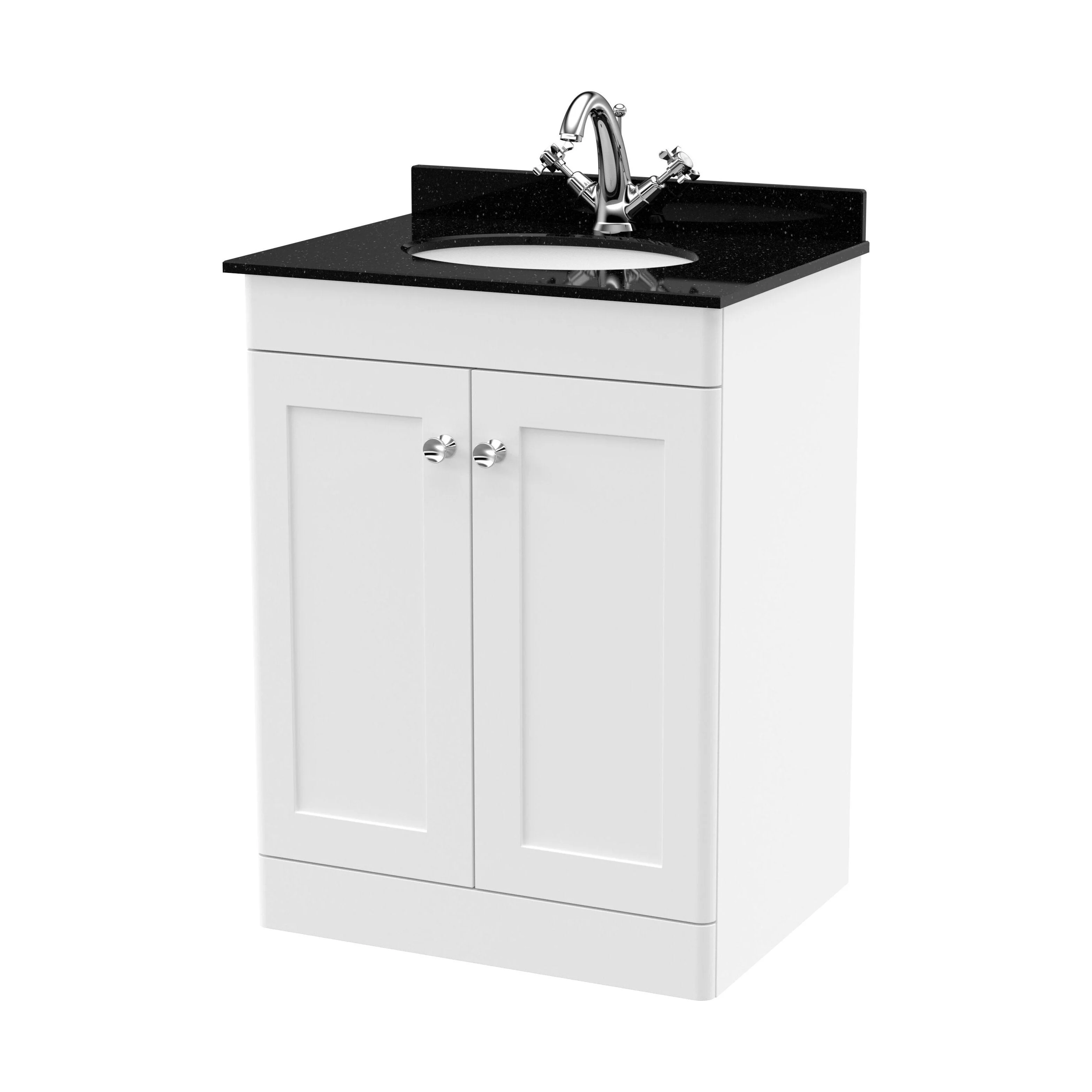 Swynnerton Traditional 2 Door Floor Standing Vanity Unit with Marble Basin, Satin White, 600mm