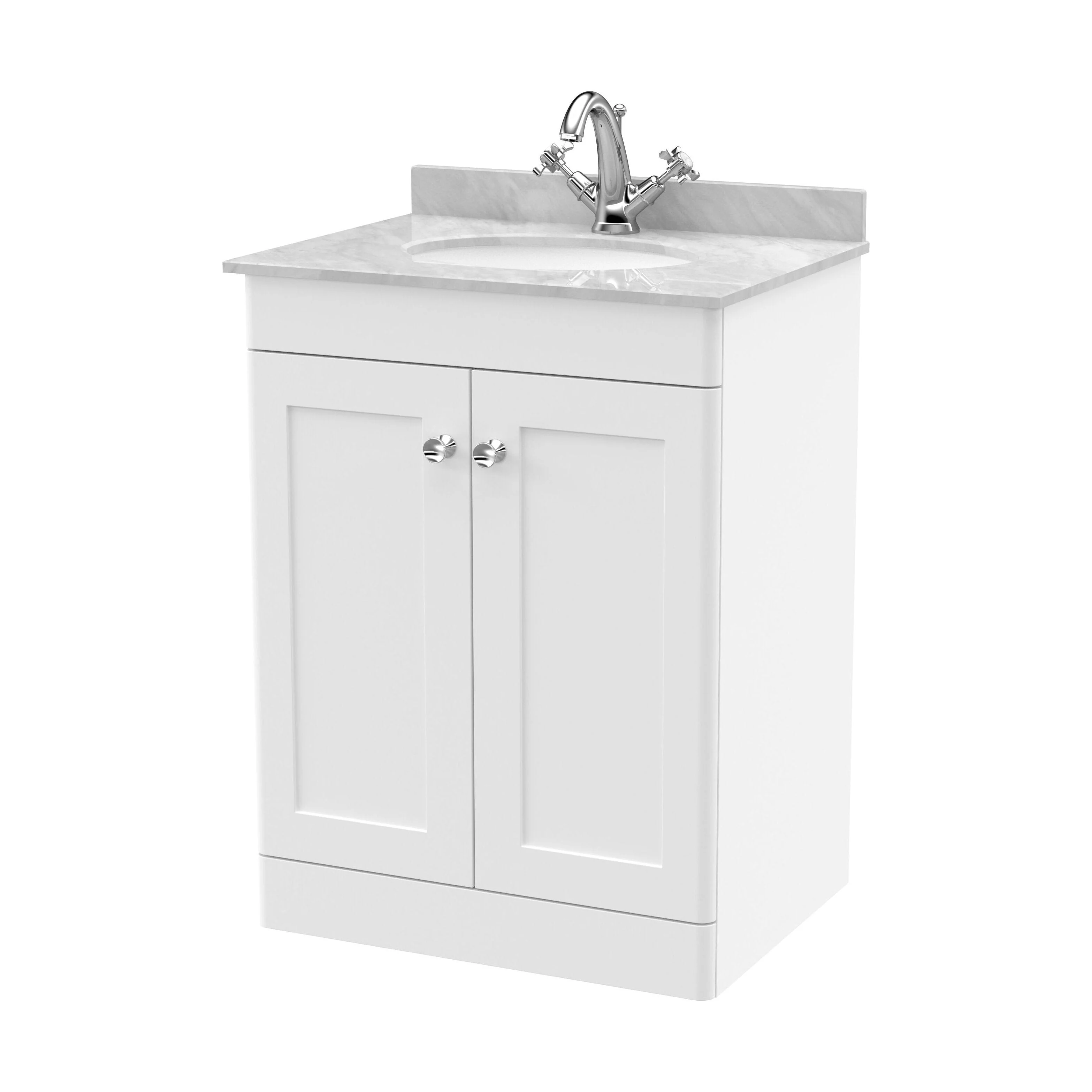 Swynnerton Traditional 2 Door Floor Standing Vanity Unit with Marble Basin, Satin White, 600mm