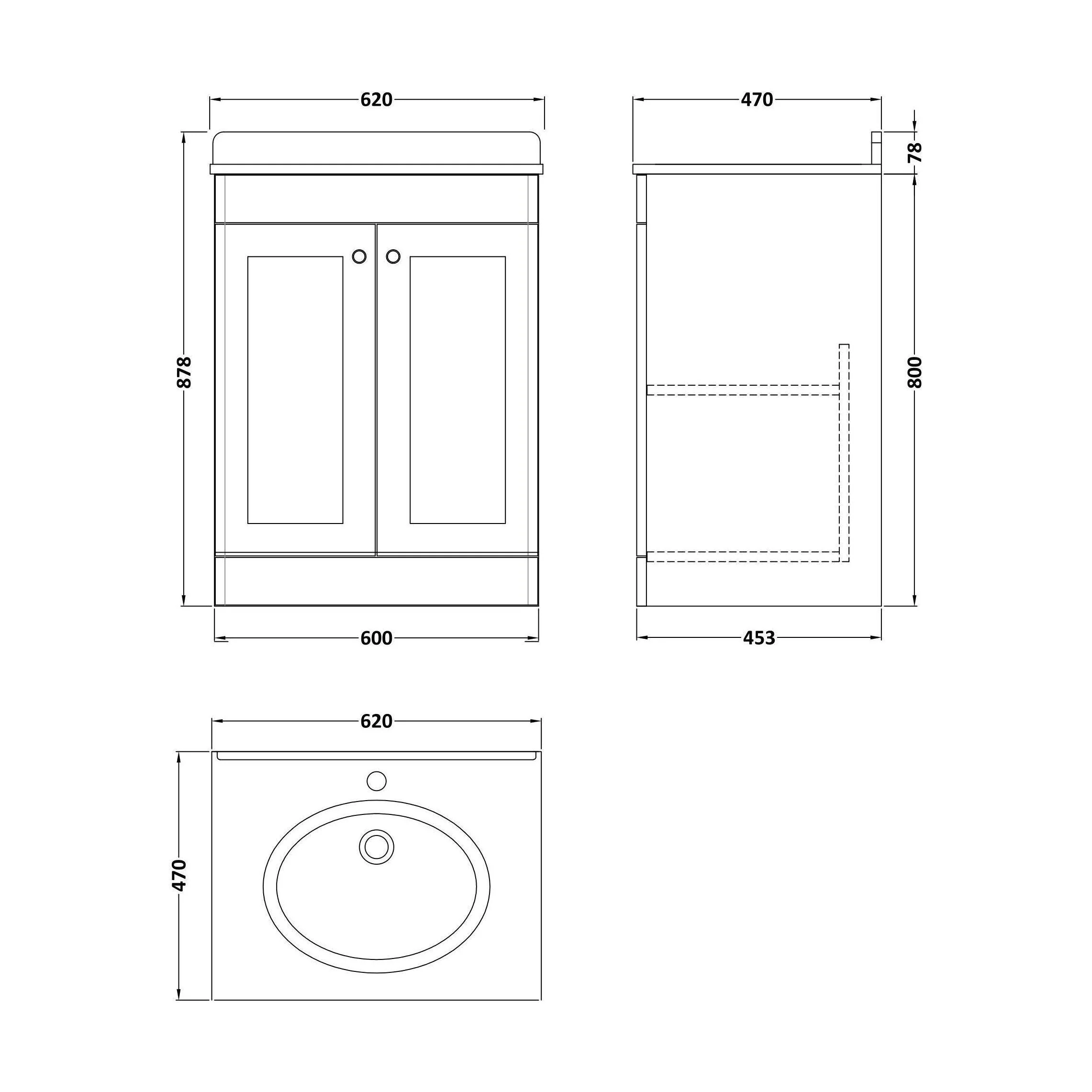 Swynnerton Traditional 2 Door Floor Standing Vanity Unit with Marble Basin, Satin White, 600mm - Image 2