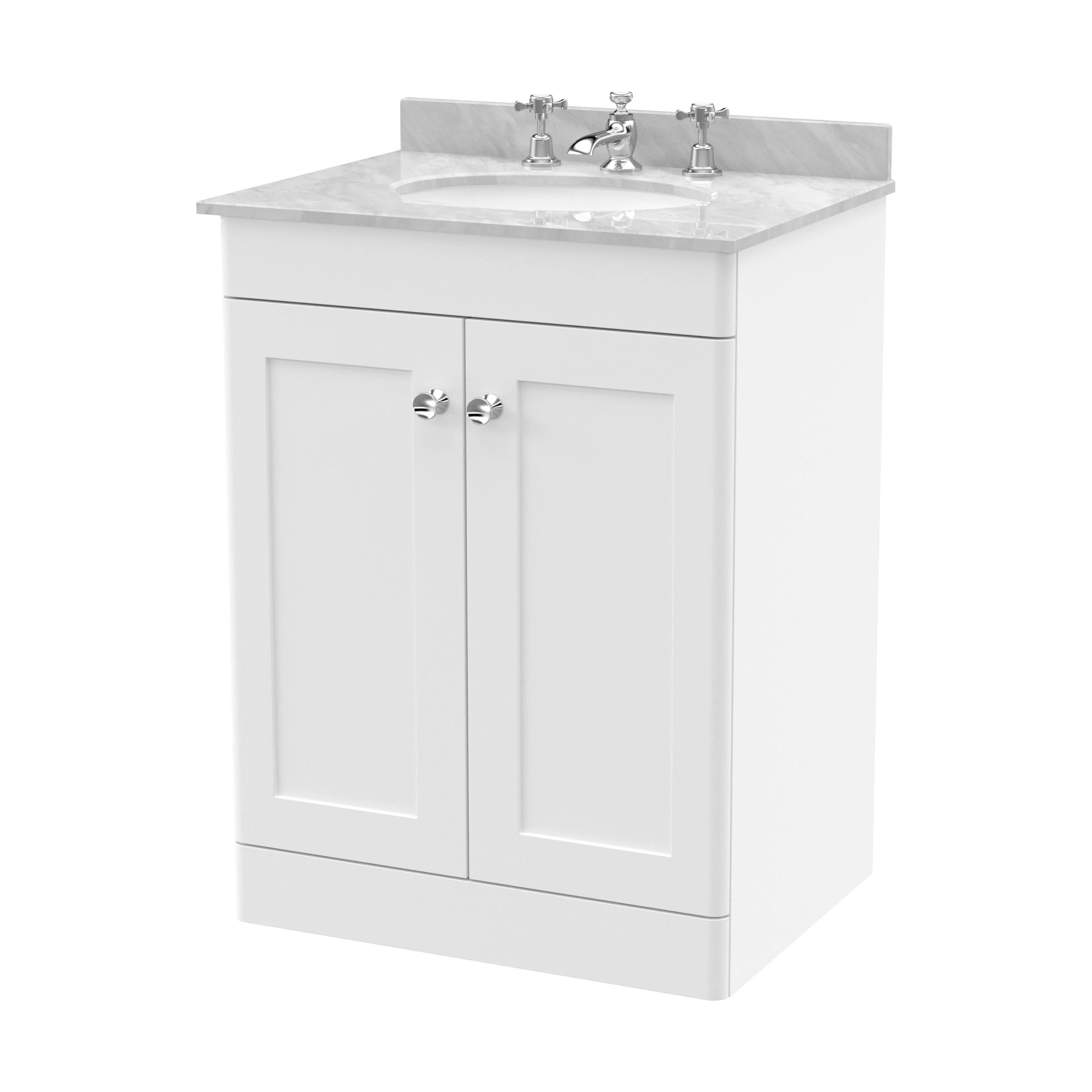Swynnerton Traditional 2 Door Floor Standing Vanity Unit with Marble Basin, Satin White, 600mm