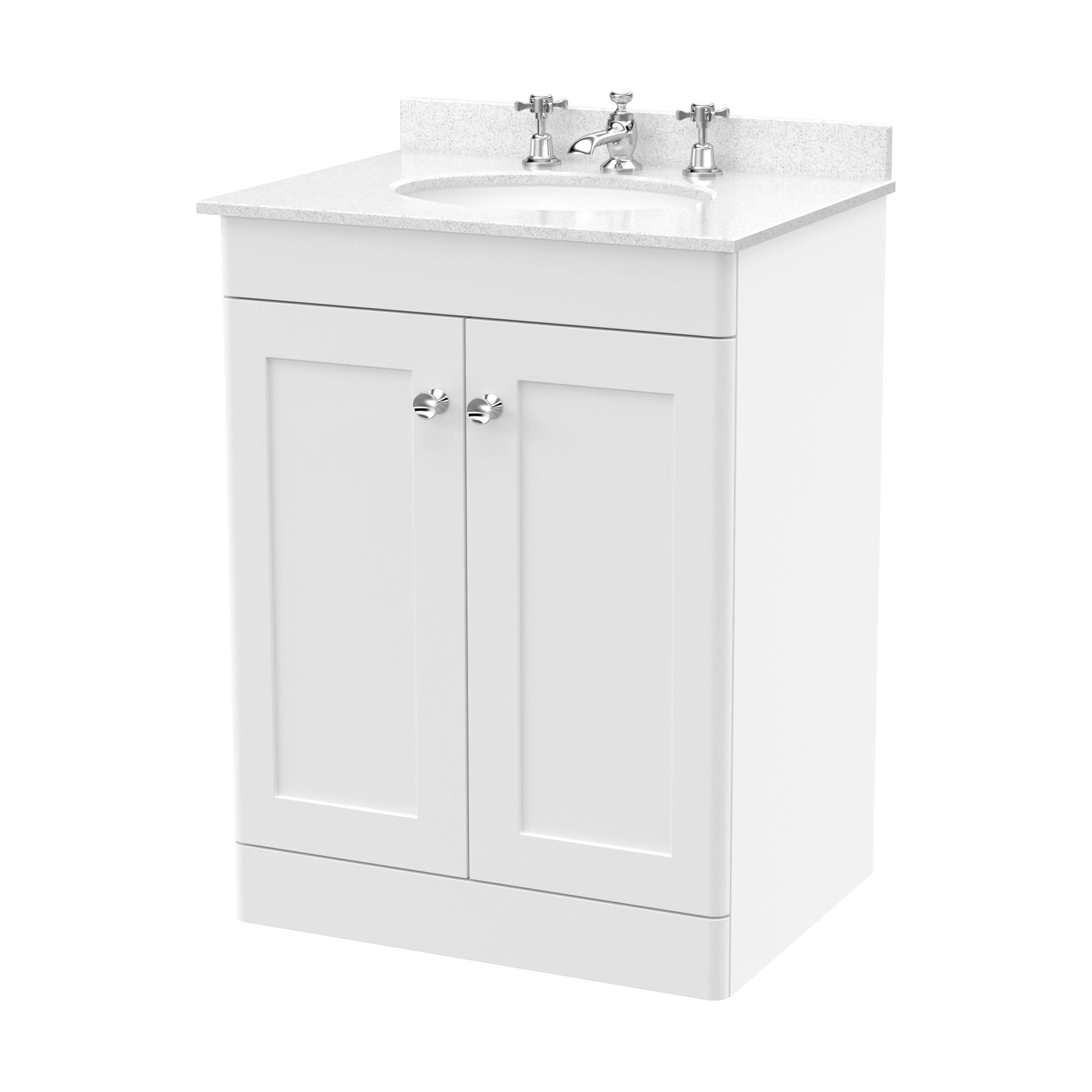 Swynnerton Traditional 2 Door Floor Standing Vanity Unit with Marble Basin, Satin White, 600mm