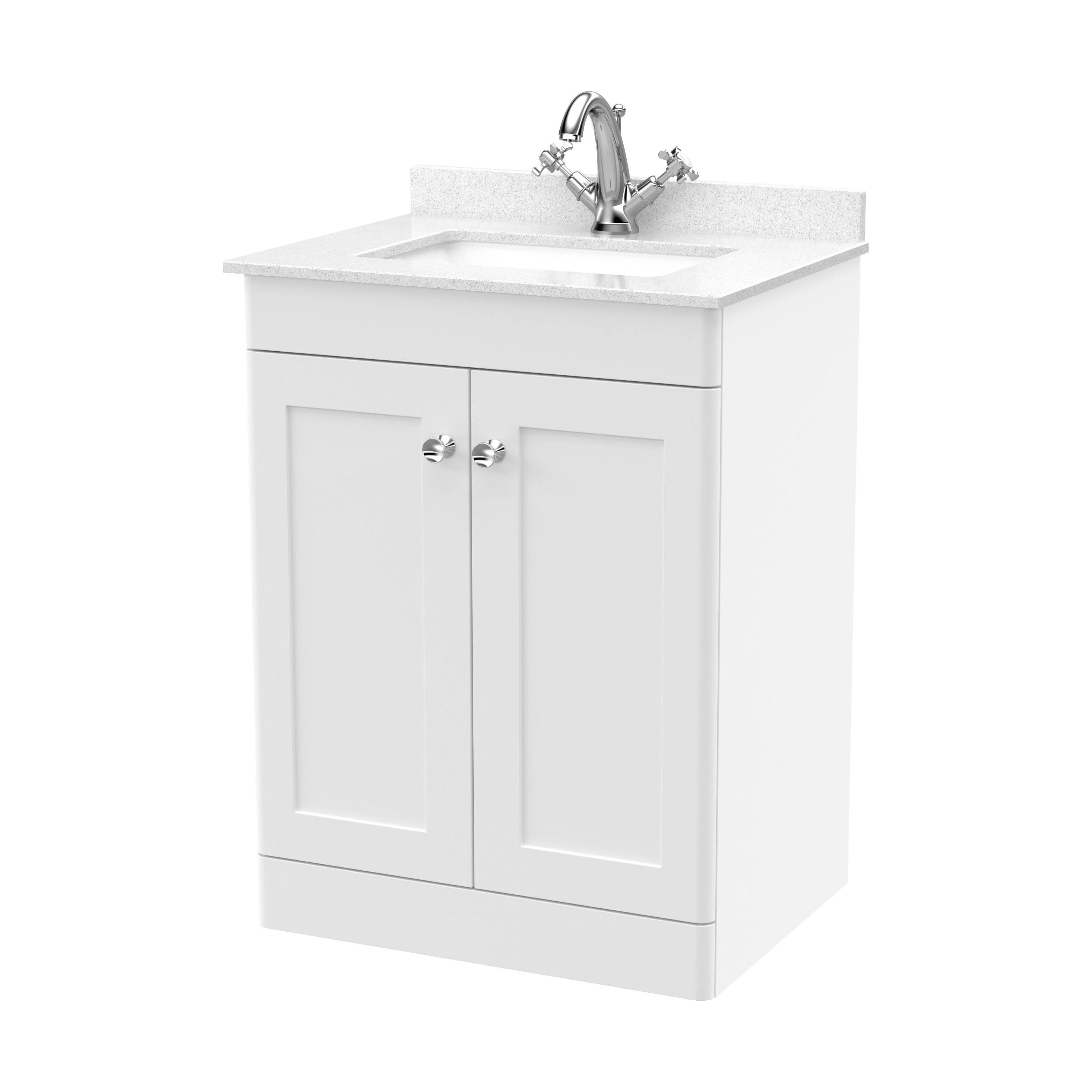 Swynnerton Traditional 2 Door Floor Standing Vanity Unit with Marble Basin, Satin White, 600mm