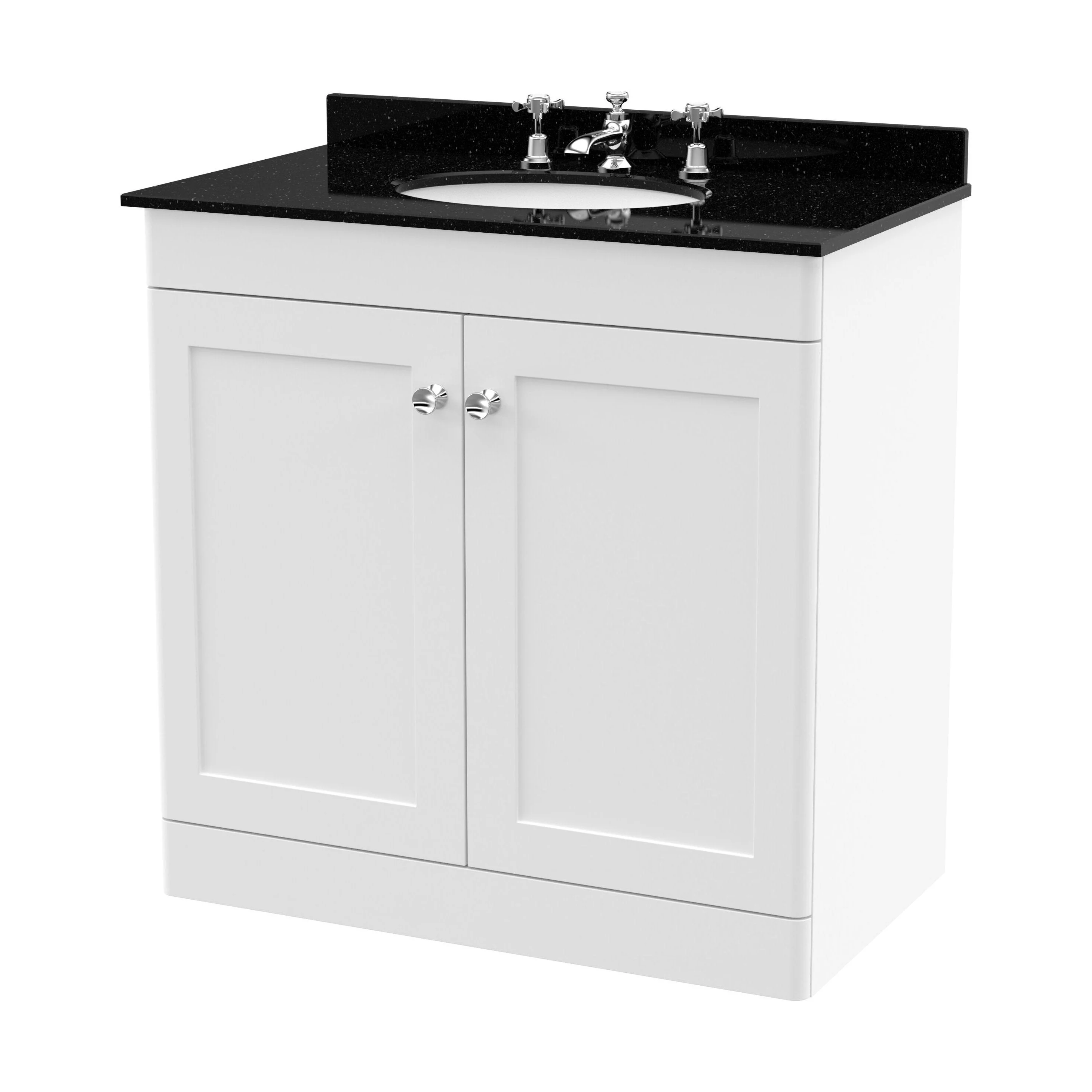 Swynnerton Traditional 2 Door Floor Standing Vanity Unit with Marble Basin, Satin White, 800mm