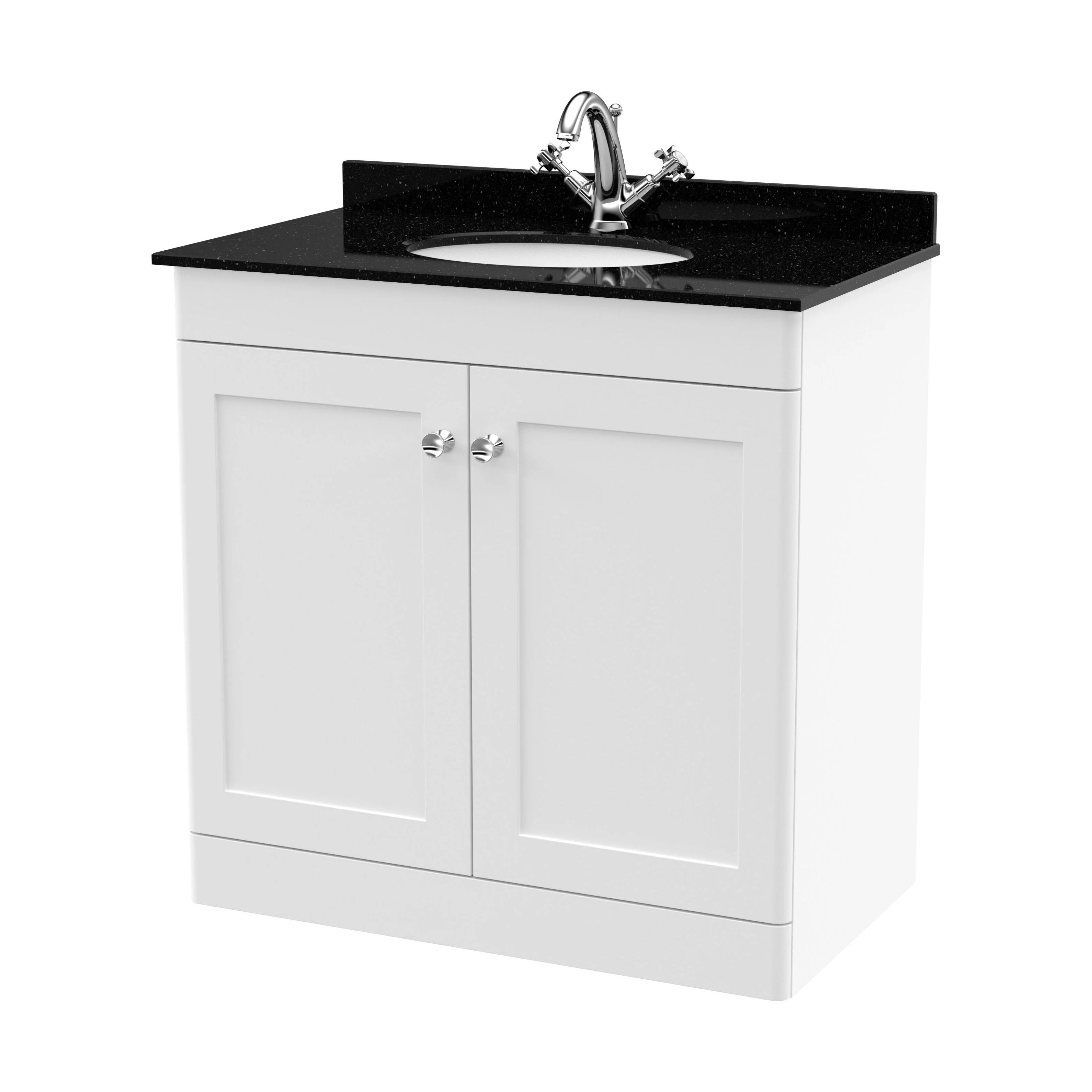 Swynnerton Traditional 2 Door Floor Standing Vanity Unit with Marble Basin, Satin White, 800mm