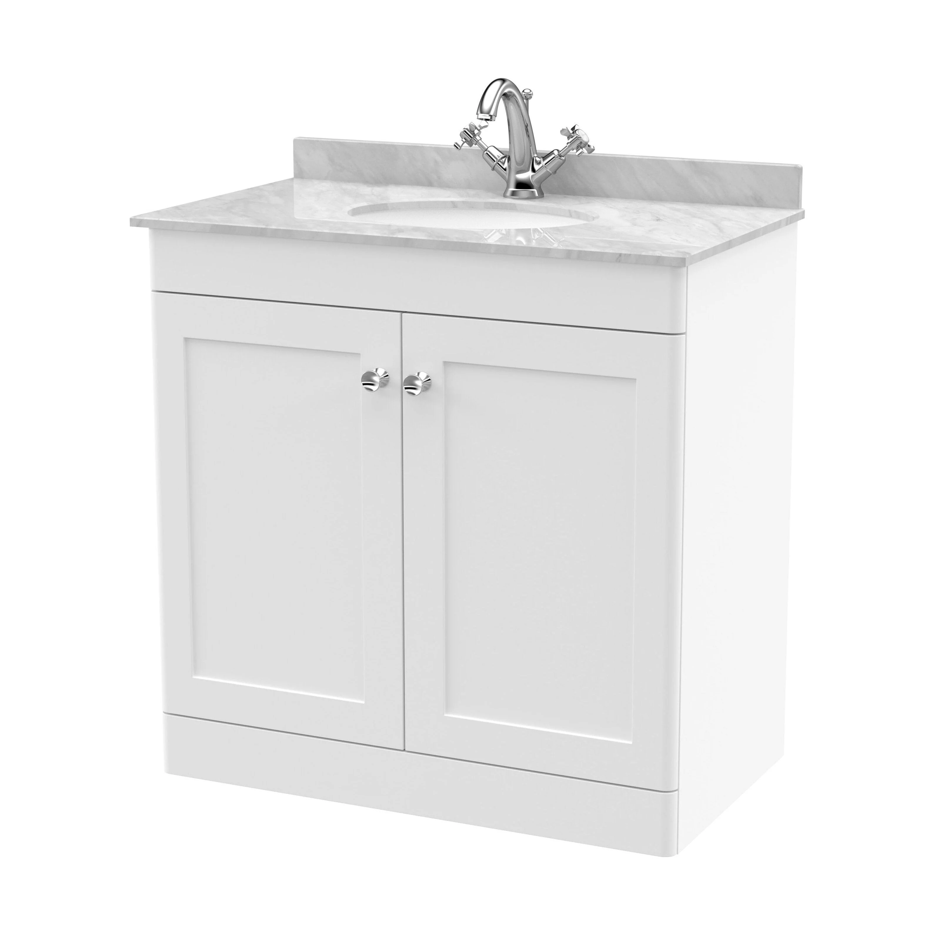 Swynnerton Traditional 2 Door Floor Standing Vanity Unit with Marble Basin, Satin White, 800mm