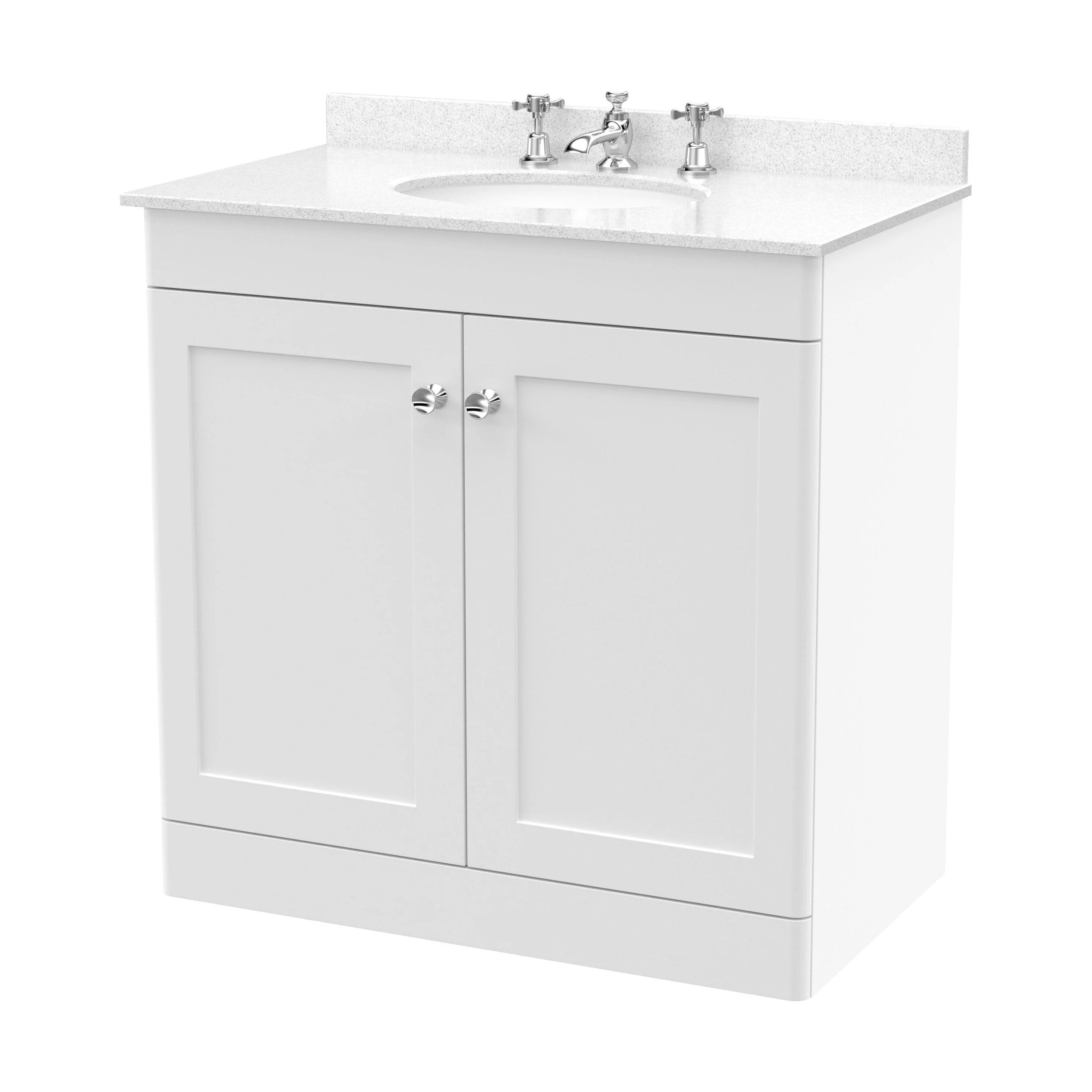 Swynnerton Traditional 2 Door Floor Standing Vanity Unit with Marble Basin, Satin White, 800mm