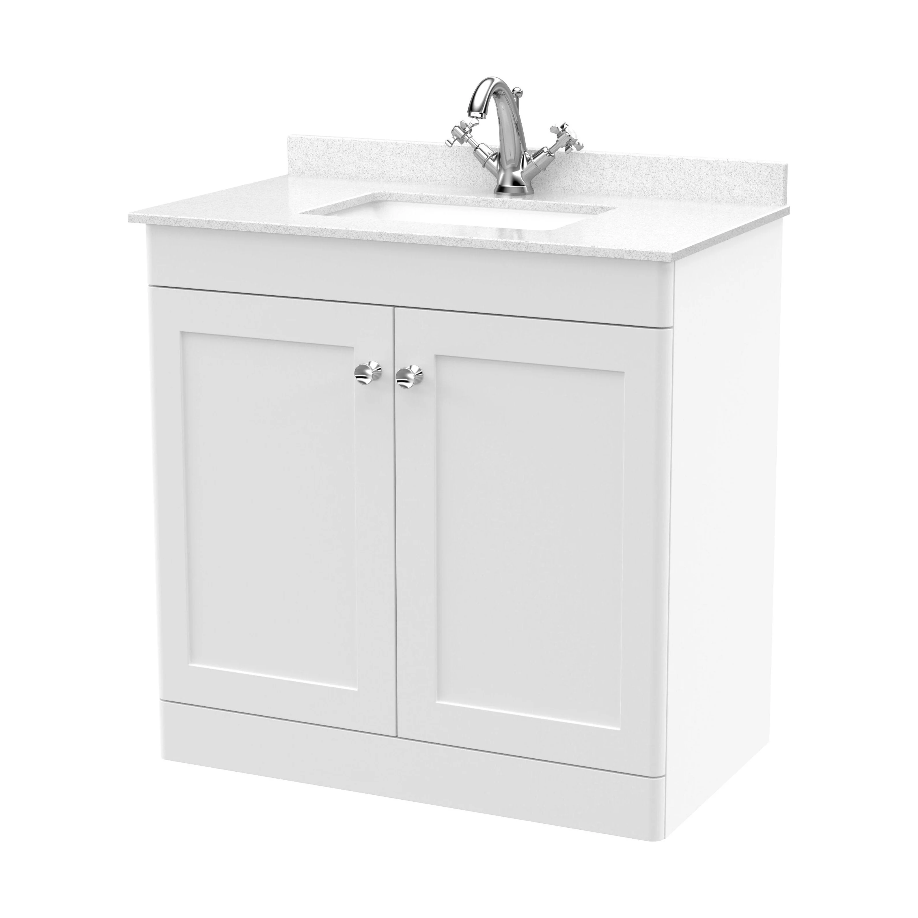 Swynnerton Traditional 2 Door Floor Standing Vanity Unit with Marble Basin, Satin White, 800mm