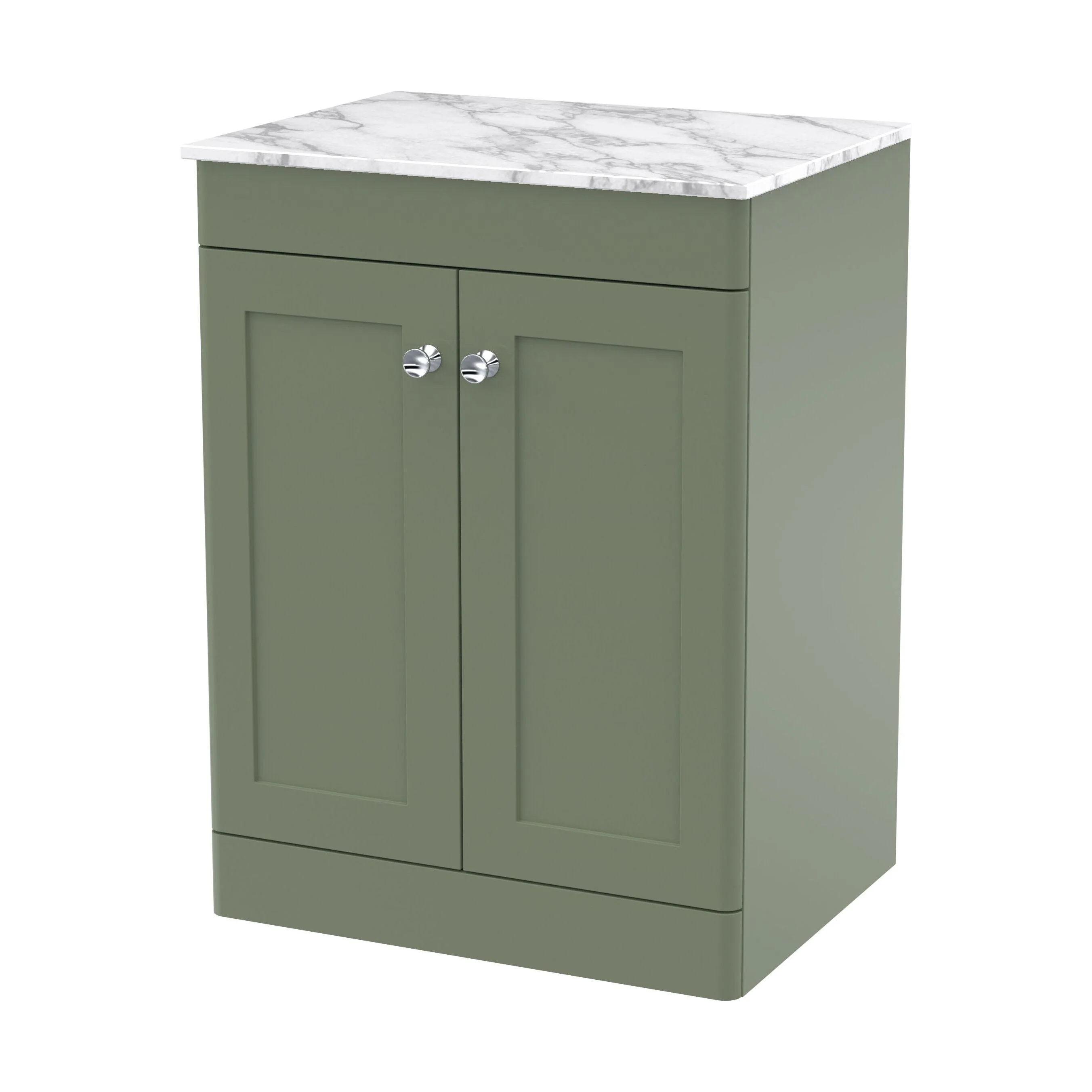 Swynnerton Traditional 2 Door Floor Standing Vanity Unit with Marble Top, Satin Green, 600mm
