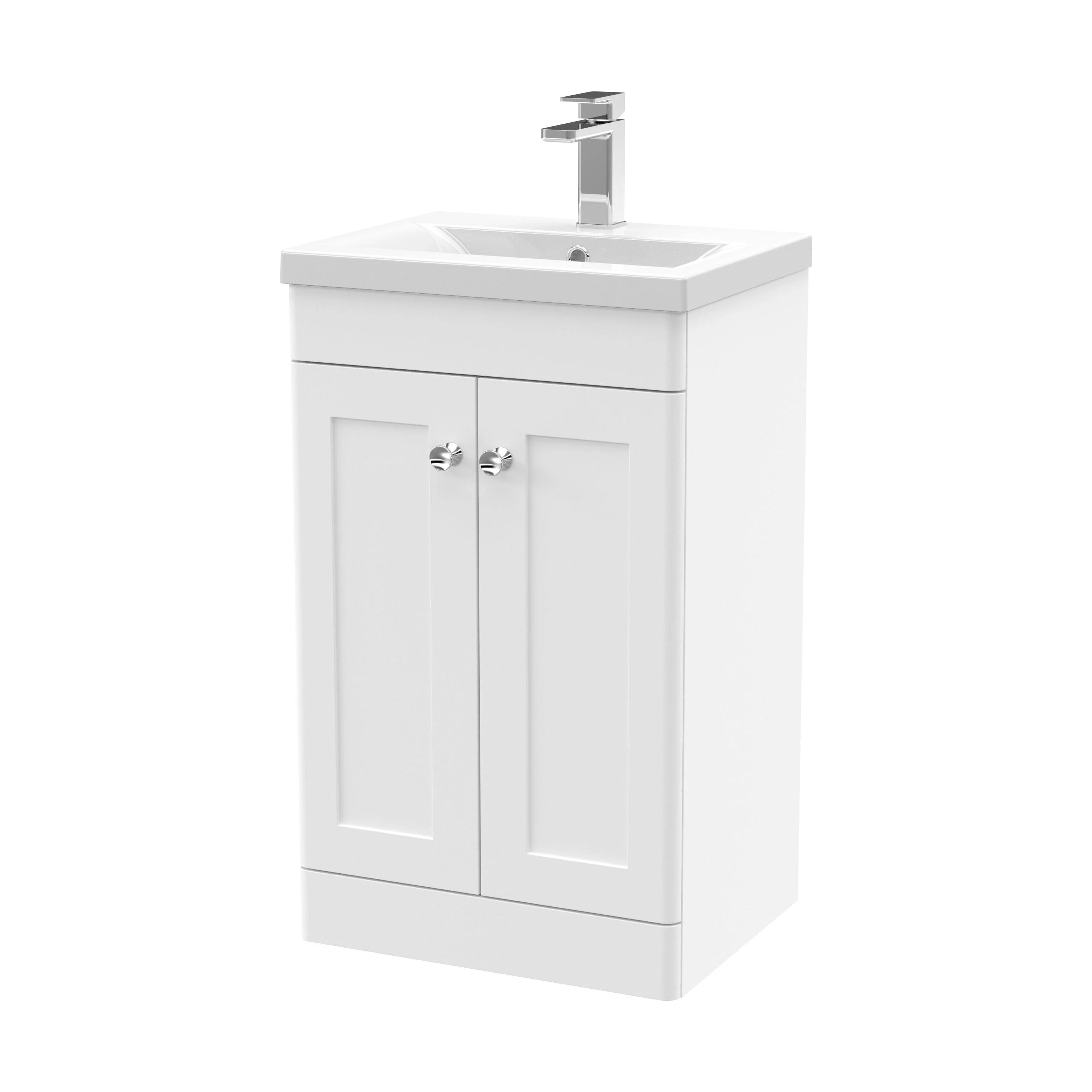 Swynnerton Traditional 2 Door Floor Standing Vanity Unit with Mid-Edge Basin, Satin White, 500mm