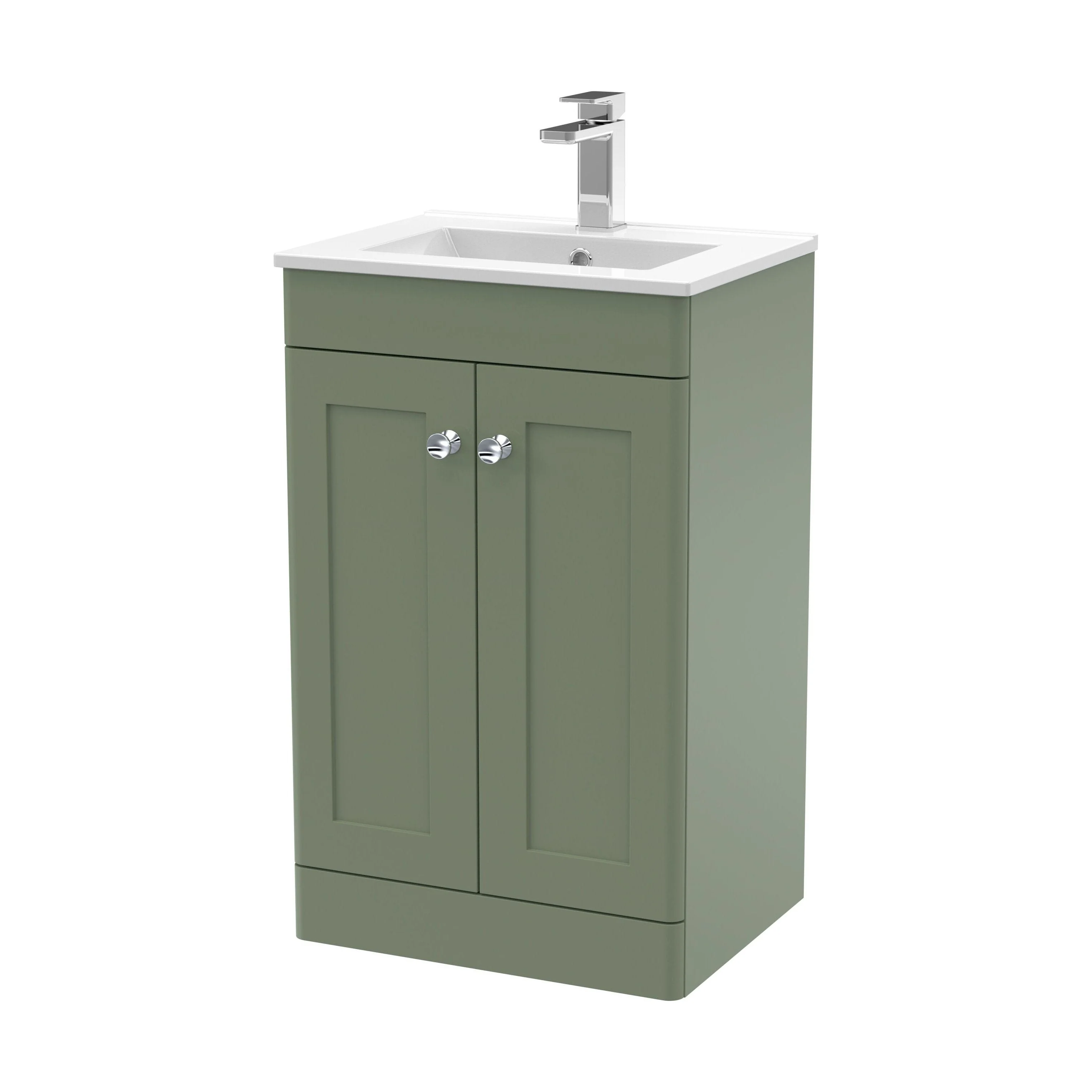 Swynnerton Traditional 2 Door Floor Standing Vanity Unit with Minimalist Basin, Satin Green, 500mm