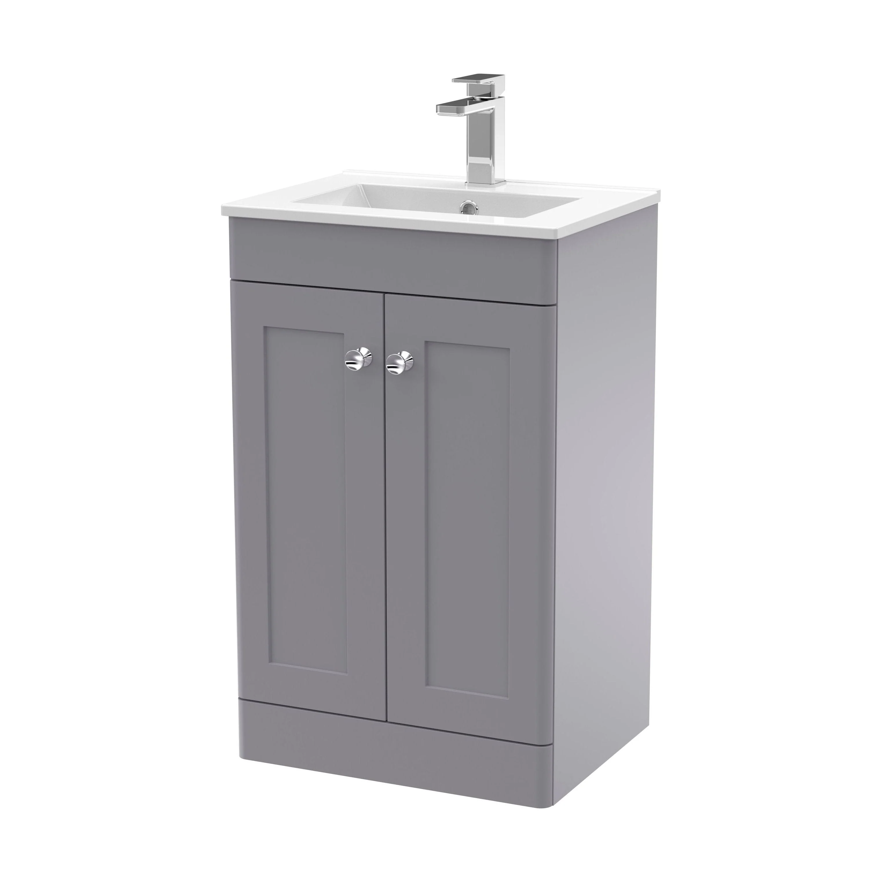 Swynnerton Traditional 2 Door Floor Standing Vanity Unit with Minimalist Basin, Satin Grey, 500mm