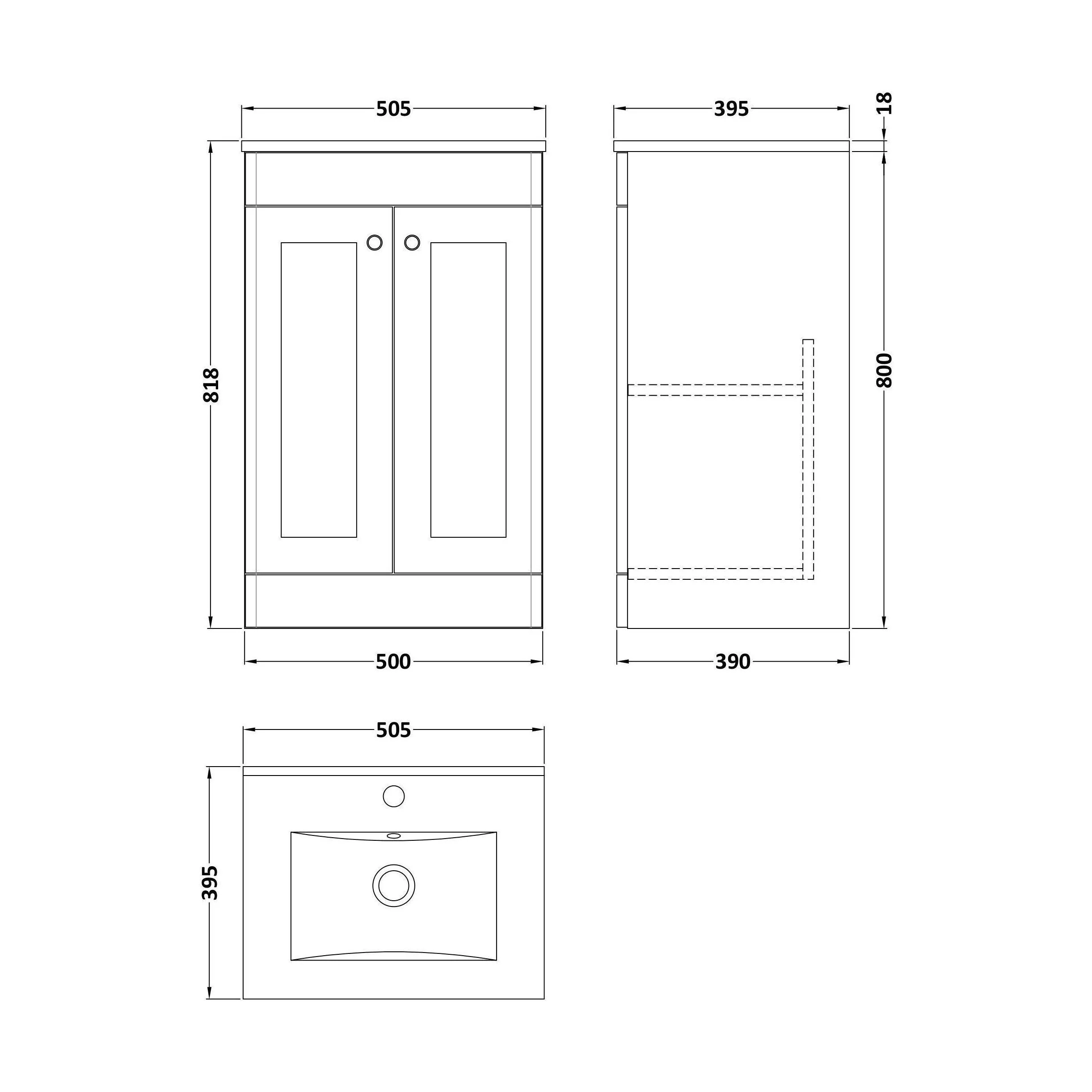 Swynnerton Traditional 2 Door Floor Standing Vanity Unit with Minimalist Basin, Satin Grey, 500mm - Image 2