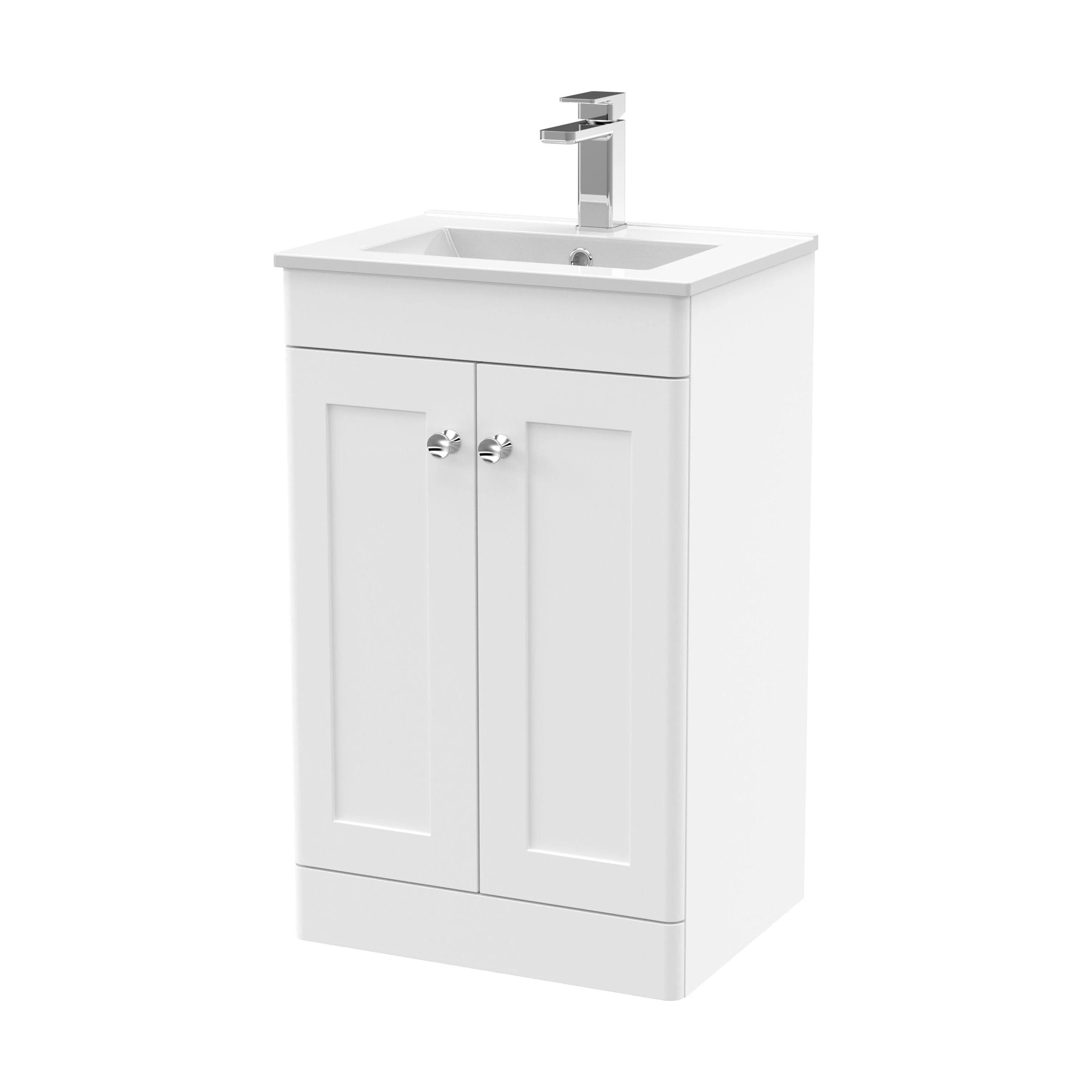 Swynnerton Traditional 2 Door Floor Standing Vanity Unit with Minimalist Basin, Satin White, 500mm