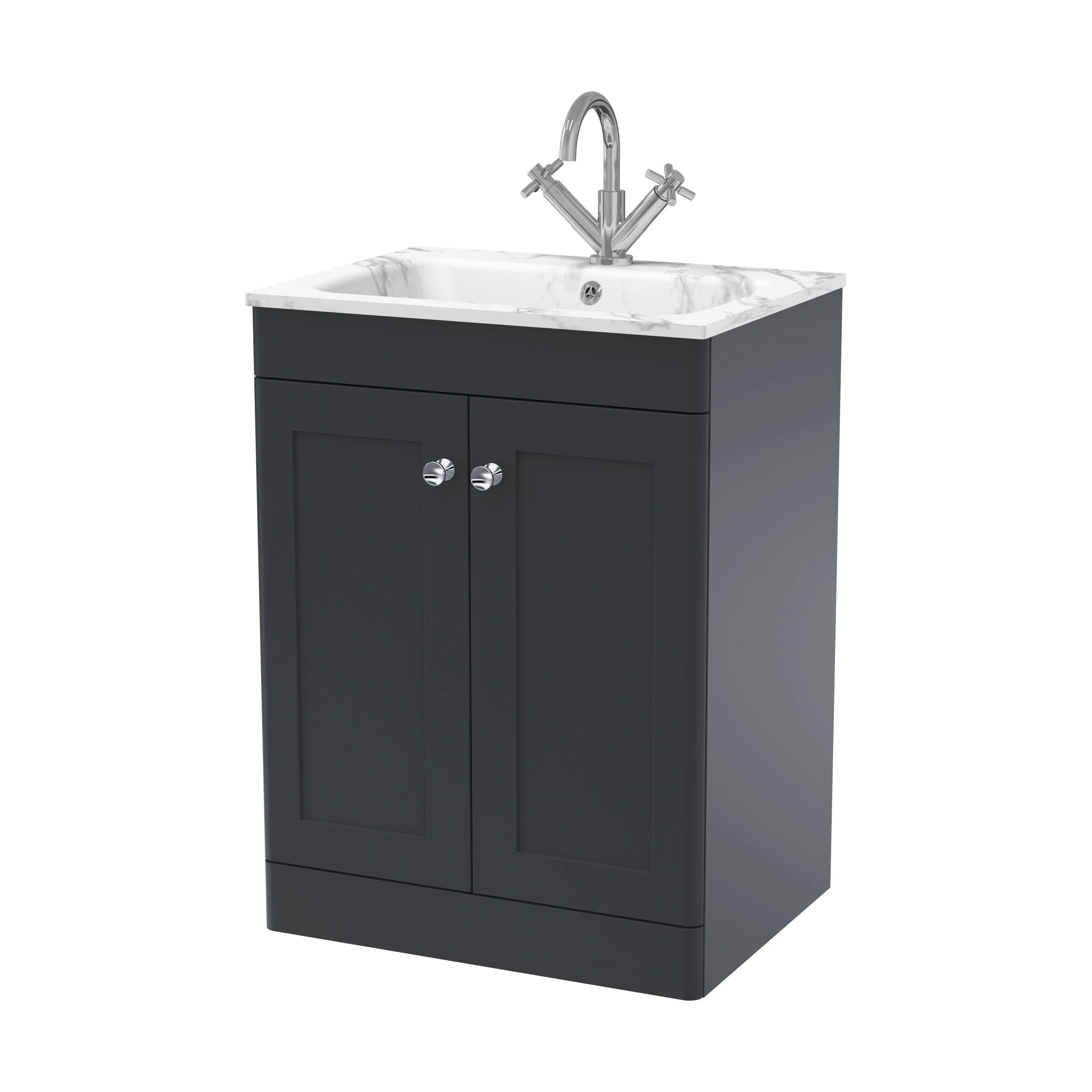 Swynnerton Traditional 2 Door Floor Standing Vanity Unit with Stone Basin, Dark Grey, 600mm