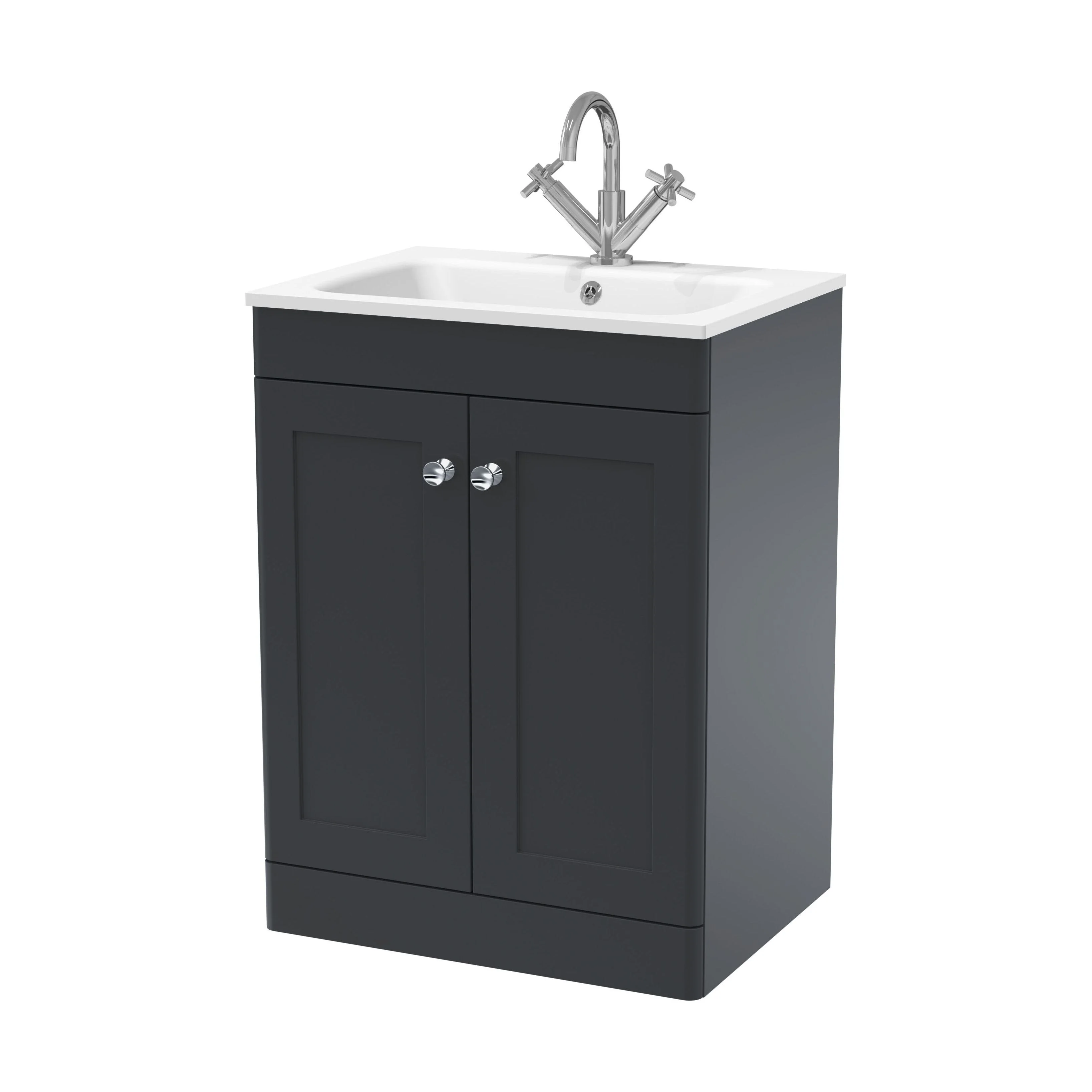 Swynnerton Traditional 2 Door Floor Standing Vanity Unit with Stone Basin, Dark Grey, 600mm