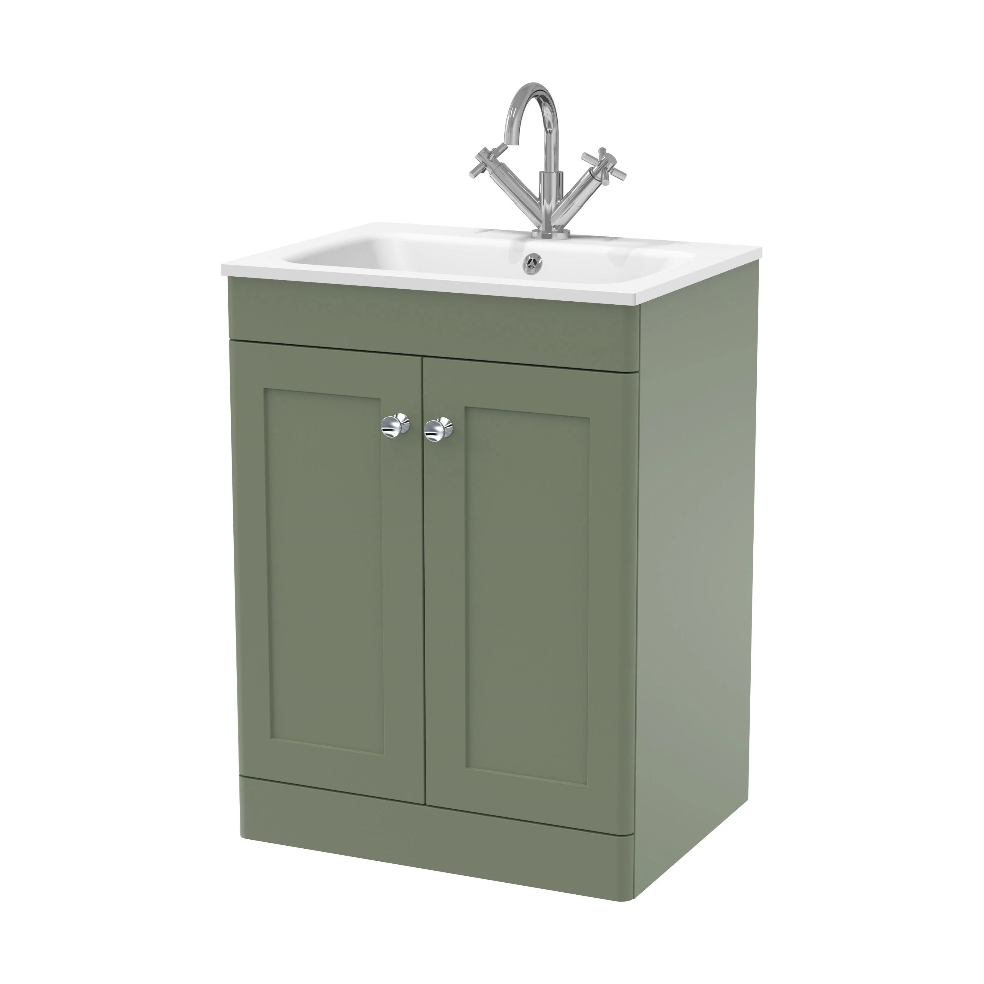 Swynnerton Traditional 2 Door Floor Standing Vanity Unit with Stone Basin, Satin Green, 600mm