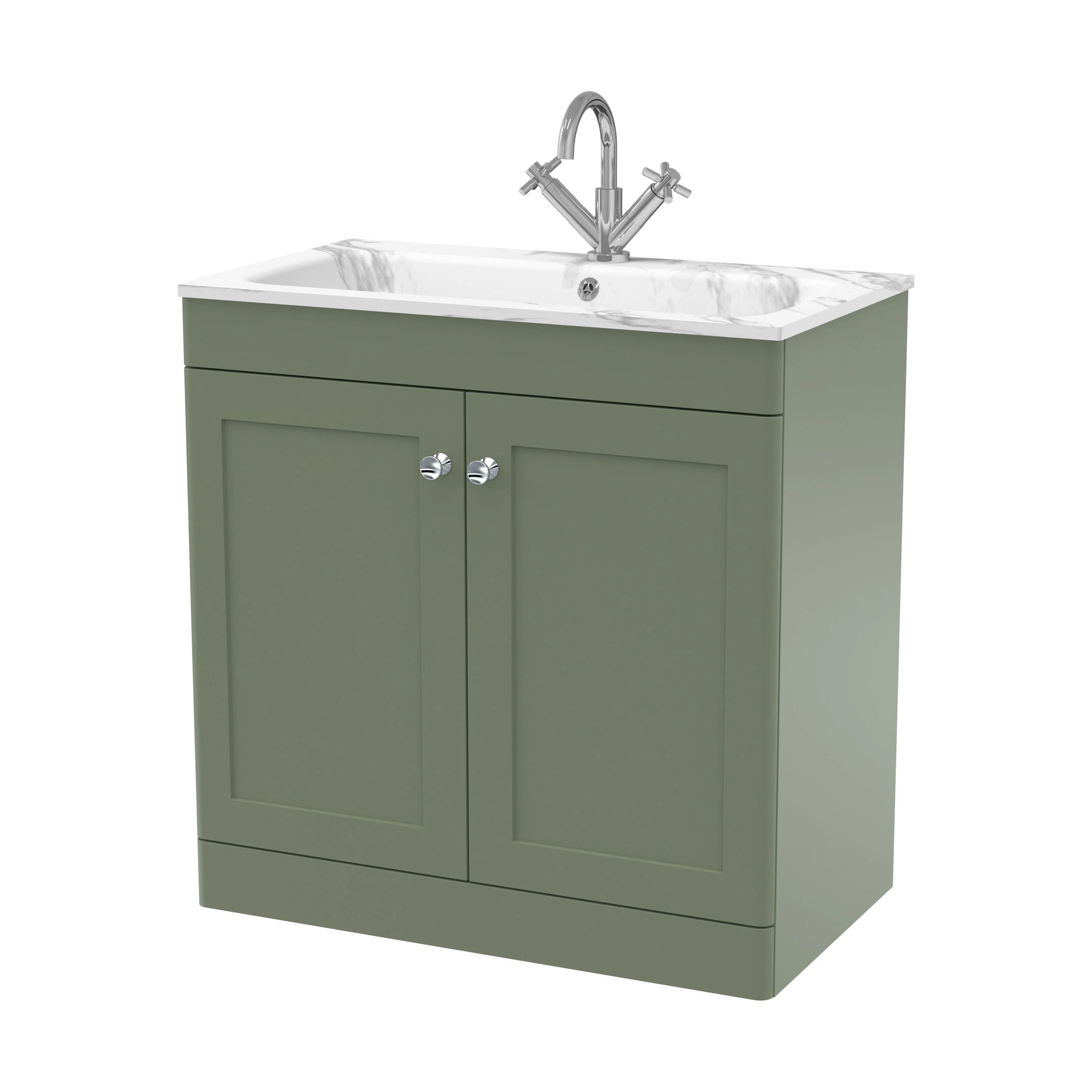 Swynnerton Traditional 2 Door Floor Standing Vanity Unit with Stone Basin, Satin Green, 800mm