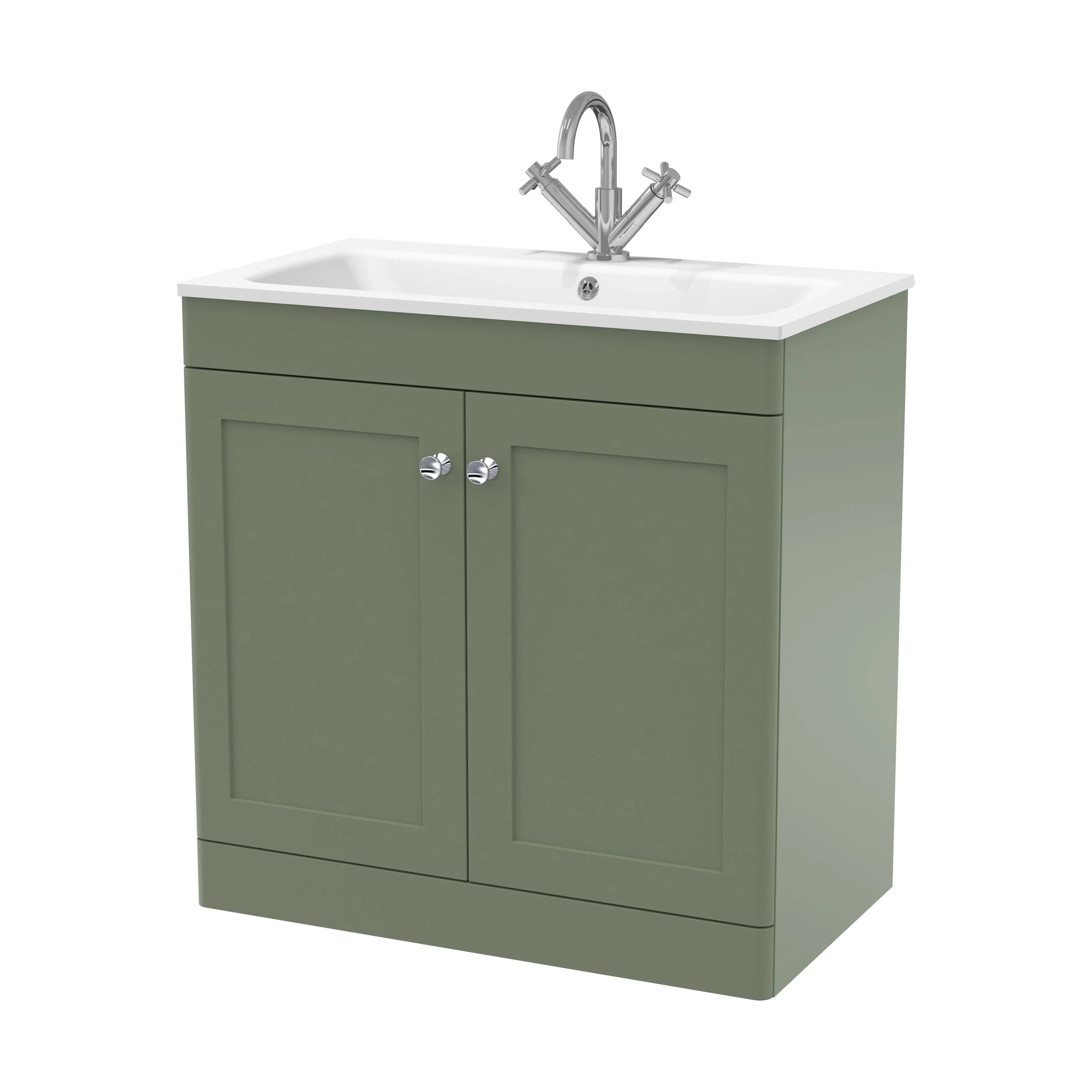 Swynnerton Traditional 2 Door Floor Standing Vanity Unit with Stone Basin, Satin Green, 800mm