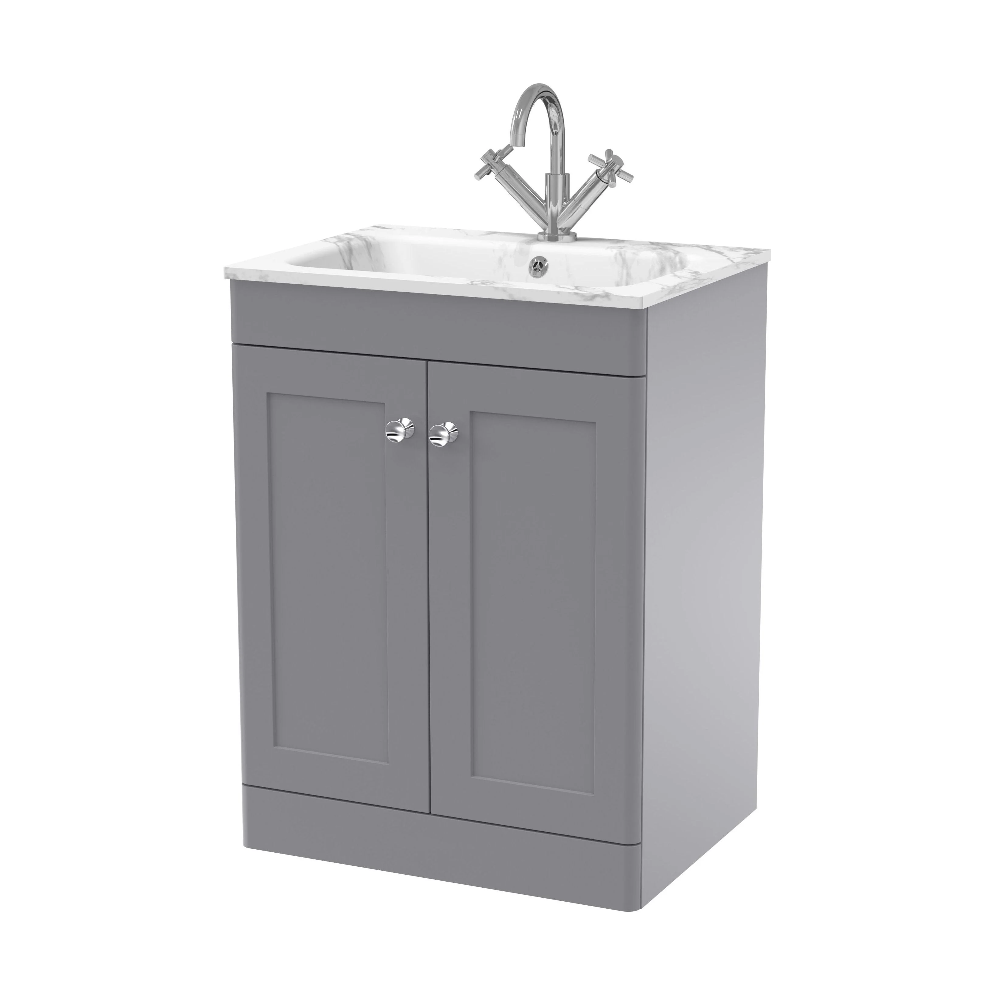 Swynnerton Traditional 2 Door Floor Standing Vanity Unit with Stone Basin, Satin Grey, 600mm
