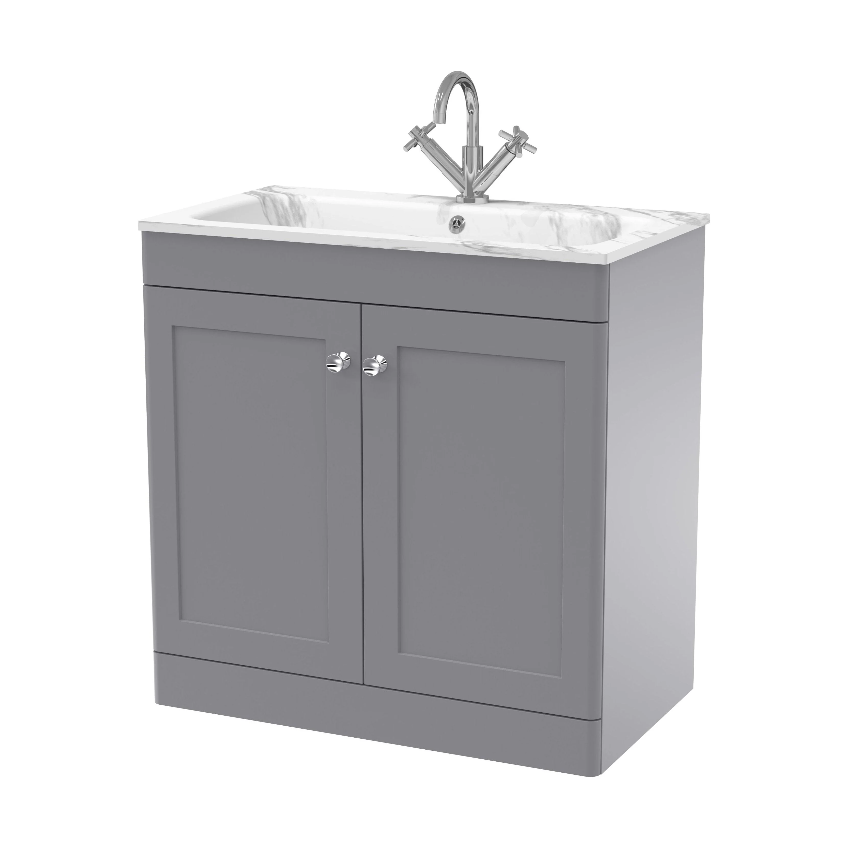 Swynnerton Traditional 2 Door Floor Standing Vanity Unit with Stone Basin, Satin Grey, 800mm