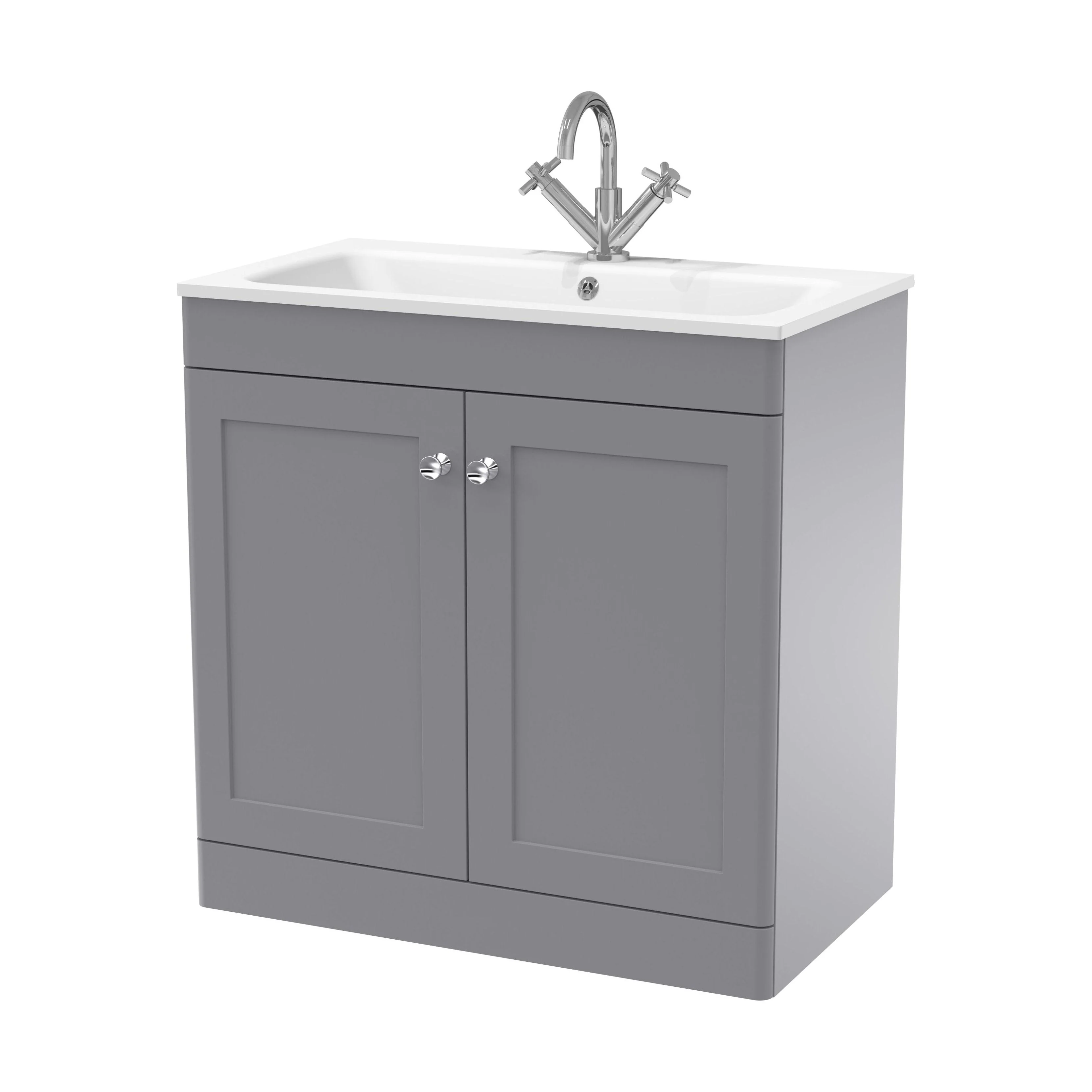 Swynnerton Traditional 2 Door Floor Standing Vanity Unit with Stone Basin, Satin Grey, 800mm
