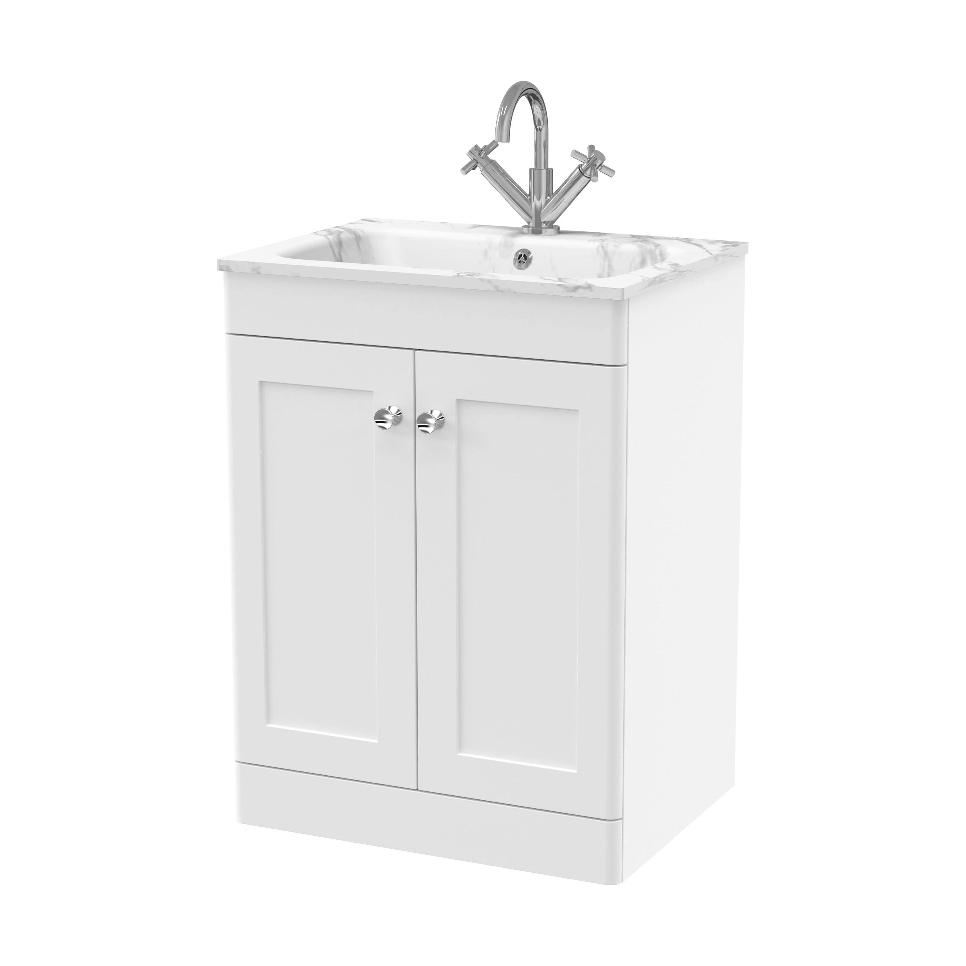 Swynnerton Traditional 2 Door Floor Standing Vanity Unit with Stone Basin, Satin White, 600mm