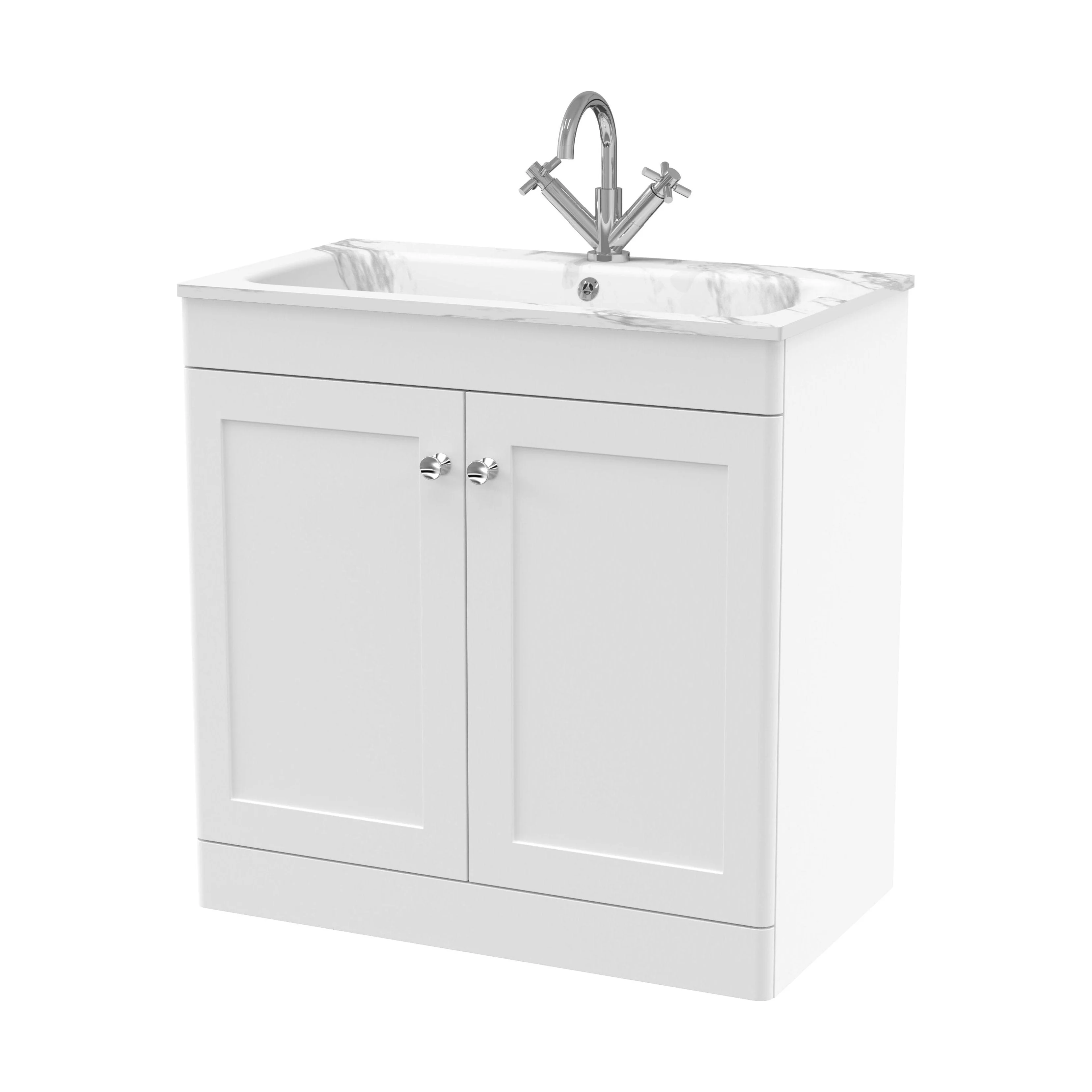 Swynnerton Traditional 2 Door Floor Standing Vanity Unit with Stone Basin, Satin White, 800mm